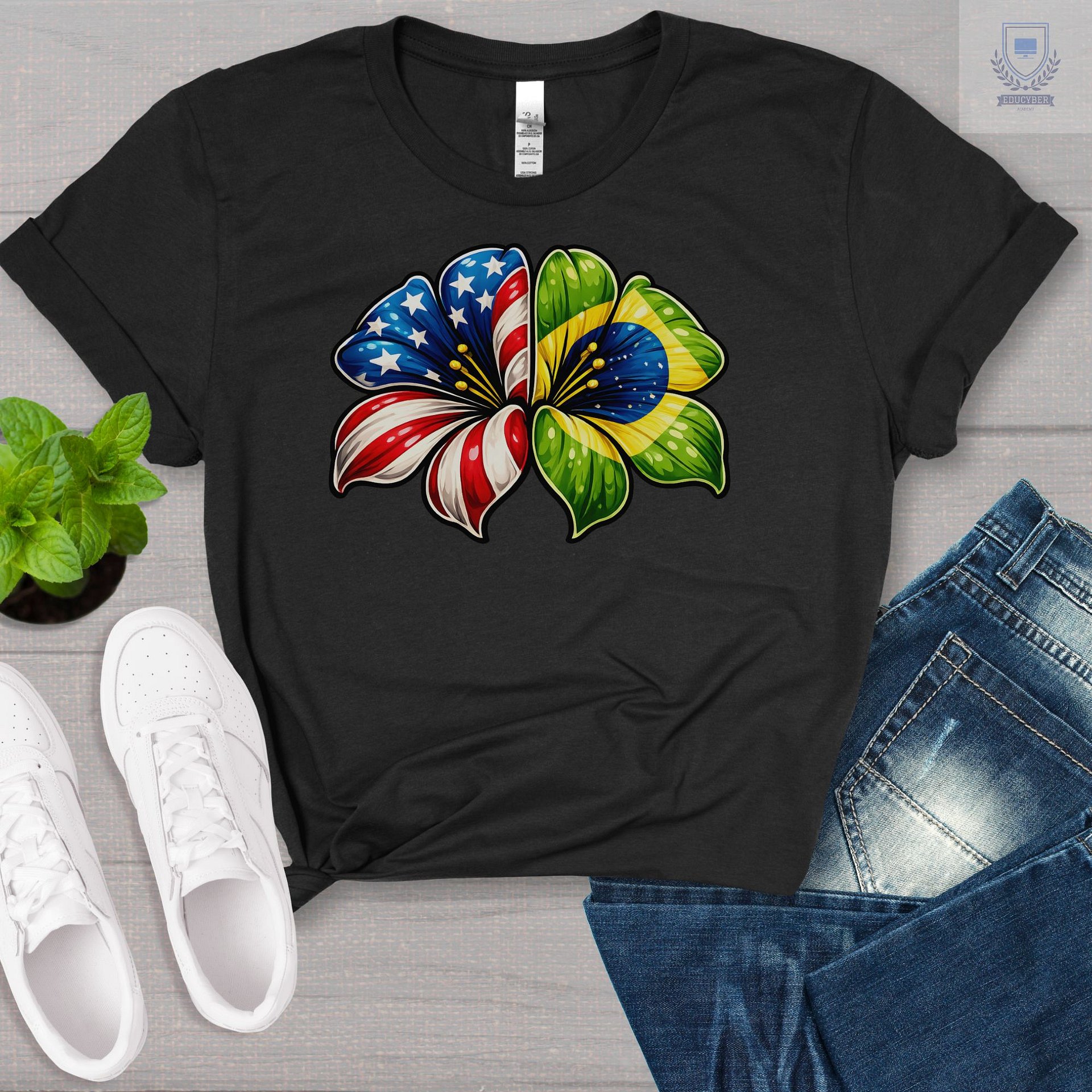 USA Brazil Flower Shirt, Patriotic Floral Tee, American & Brazilian Pride, Unisex Graphic T-Shirt product image (1)