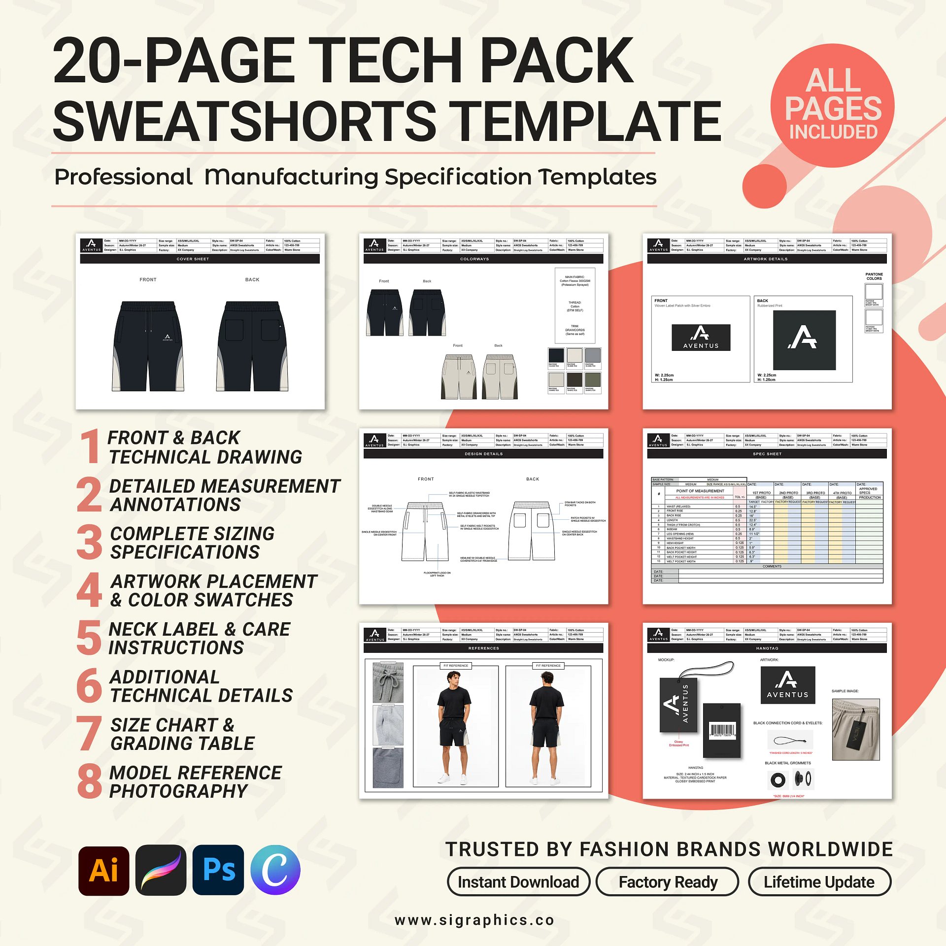 Sweat Shorts Tech Pack Template – Editable AI File product image (2)