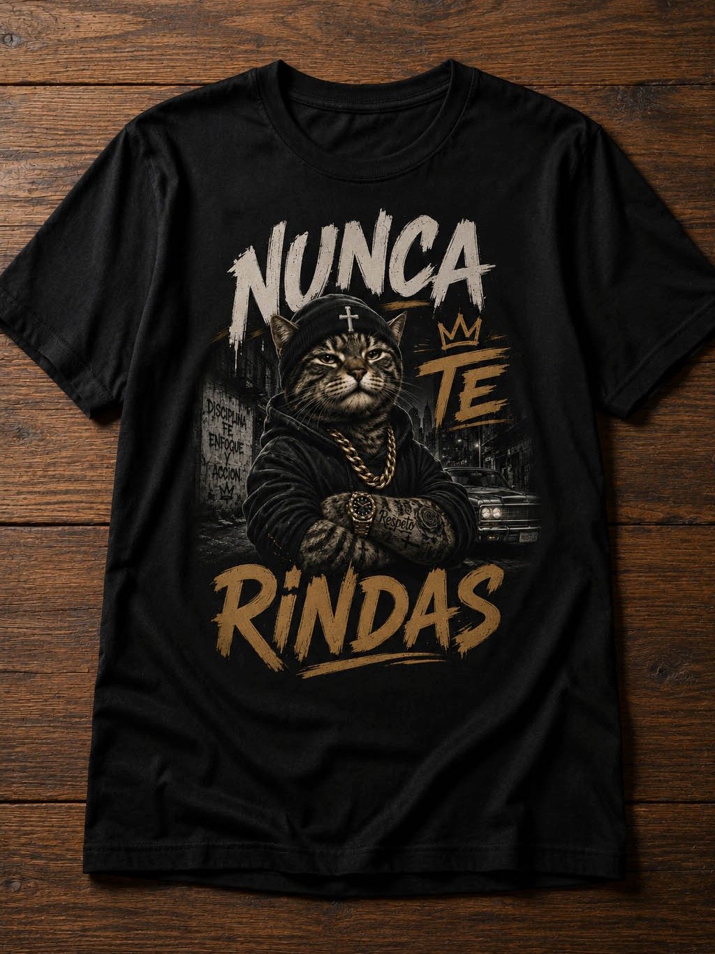 Camiseta Nunca Te Rindas – Diseño Urbano Streetwear de Gato Gangster Motivacional product image (3)