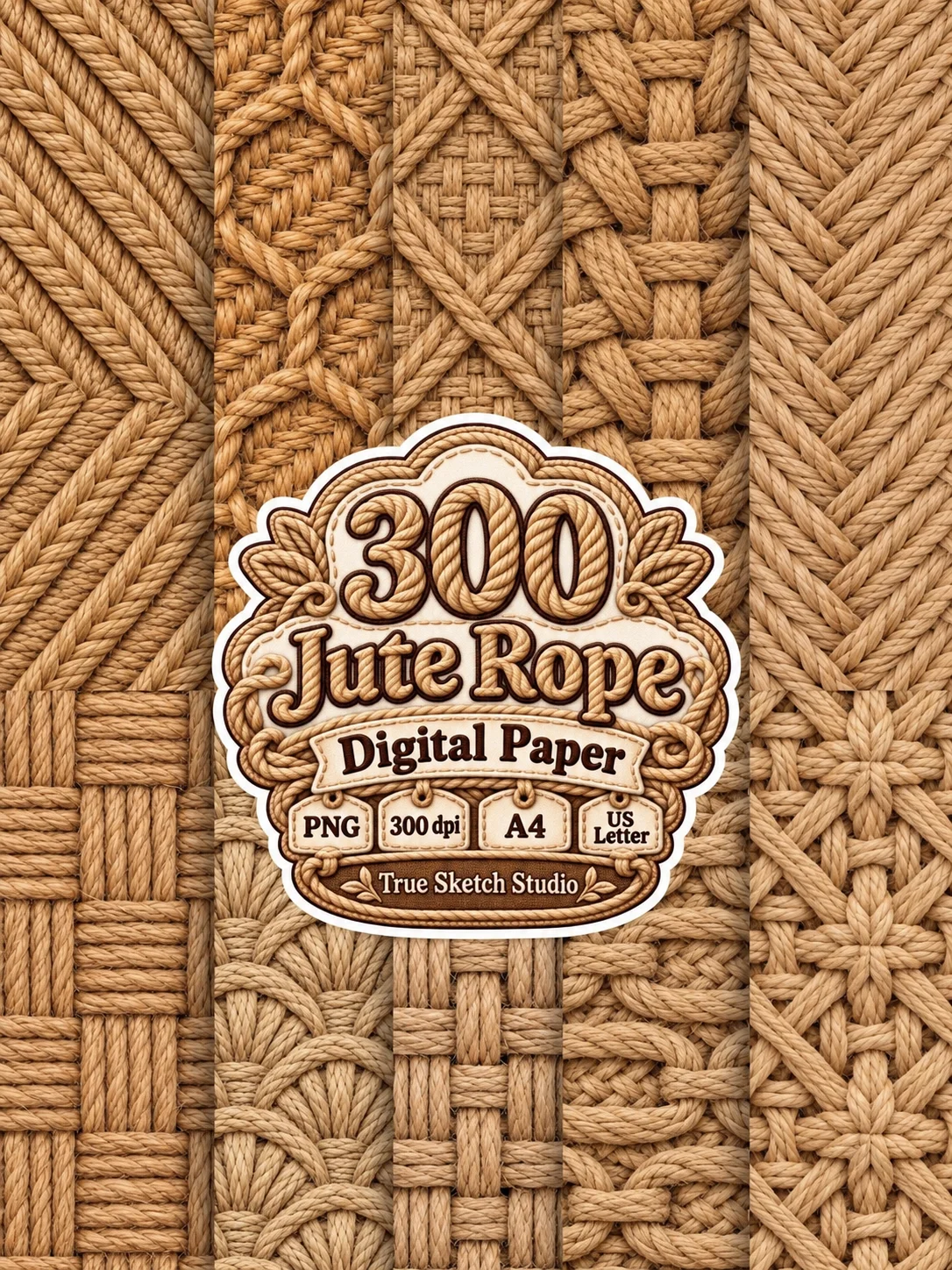 Jute Rope Digital Paper Bundle, Beige Brown Woven Textures, Rustic Scrapbook Backgrounds, Braided Motifs, Printable Junk Journal Craft Pages product image (10)