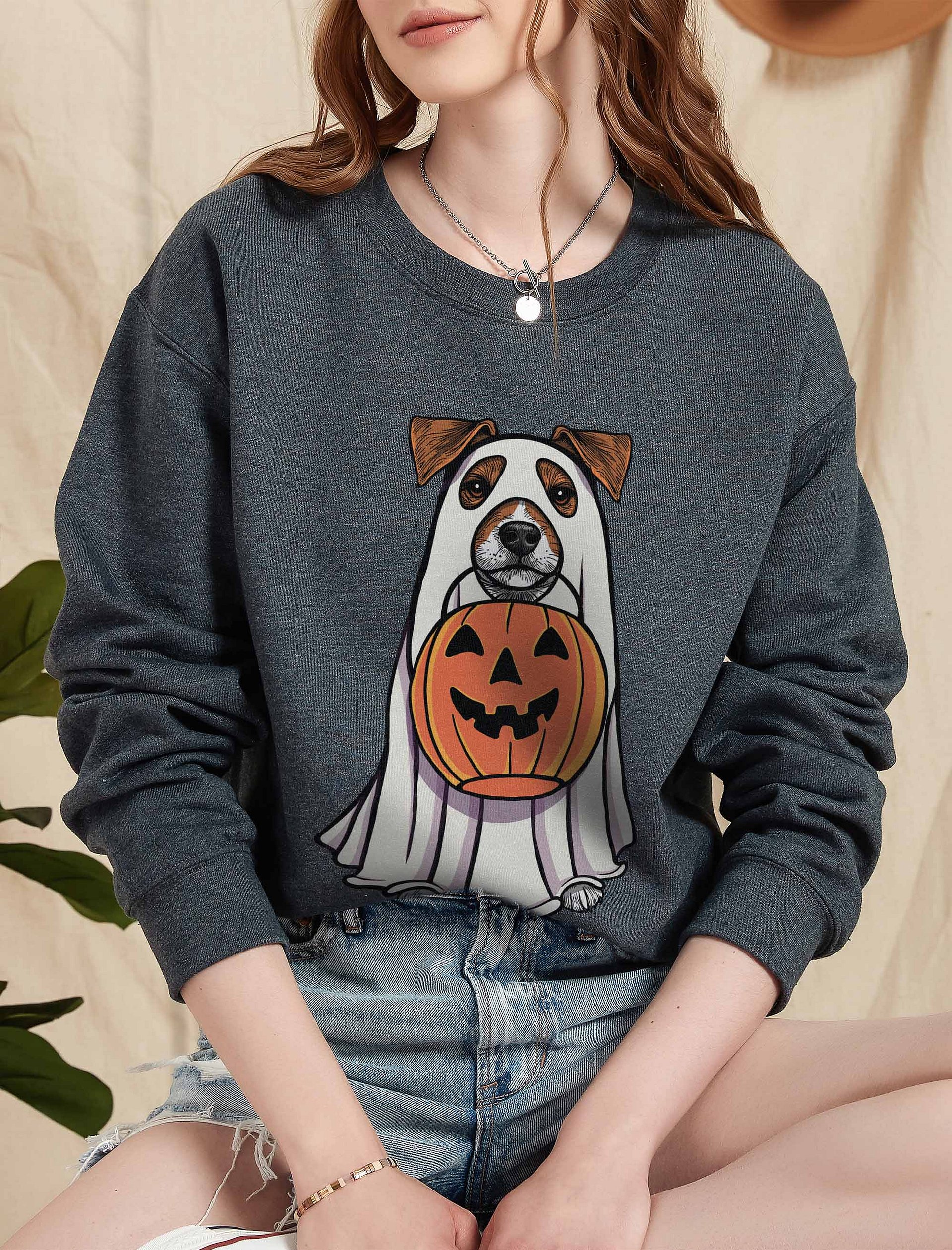 Funny Halloween Jack Russell Terrier Sweatshirt | Funny JRT Wearing a Ghost Costume and Holding a Pumpkin Basket product image (2)