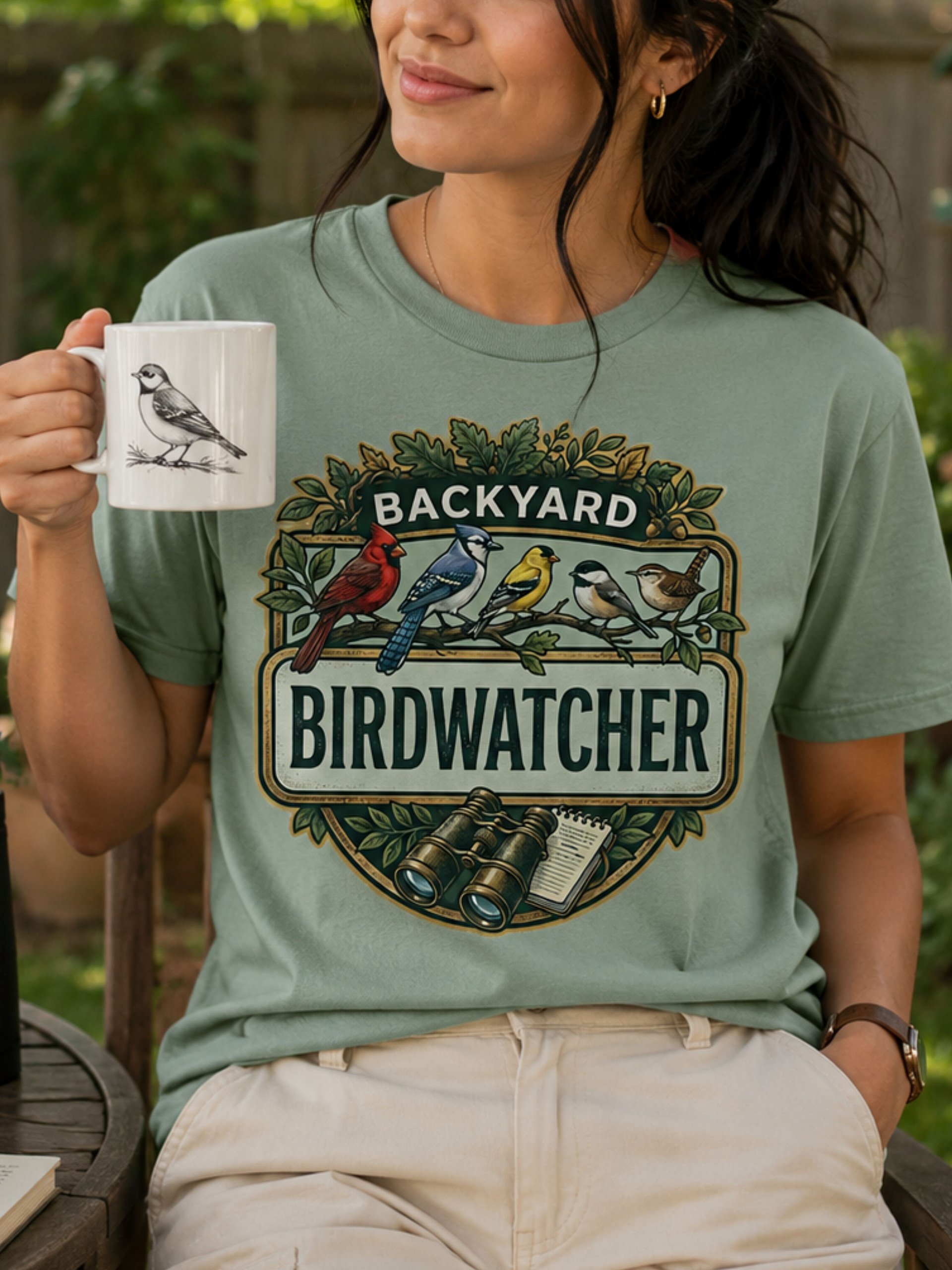 Backyard Birdwatcher T-Shirt – Colorful Songbird & Binoculars Graphic Tee product image (2)