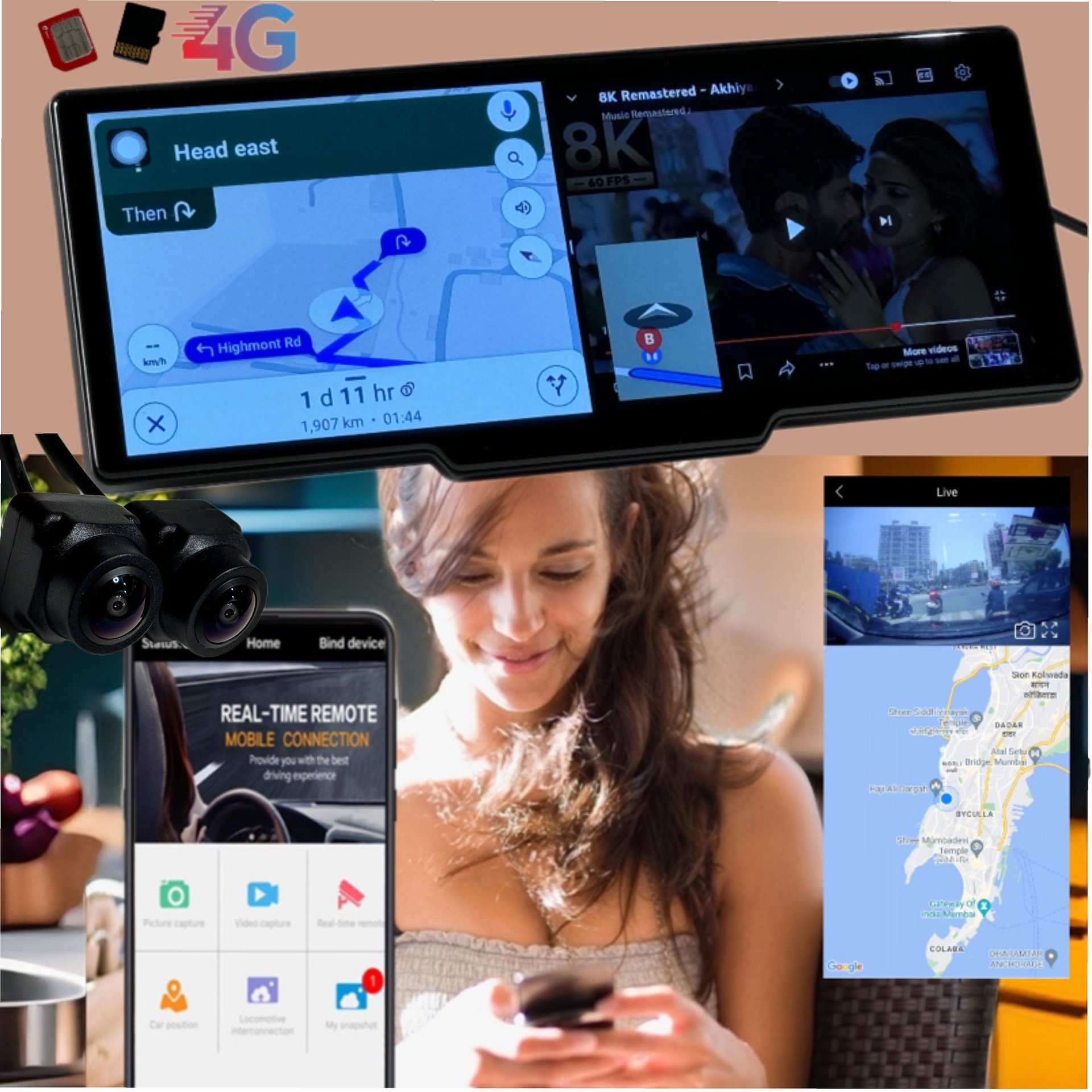 SRS ABSOLUTE dual 4G Dash Cam 8GB RAM Android14 ADAS Wireless CarPlay GPS+Live Video Bluetooth WIFI HotSpot 1TB MicroSD Supp Map-Apps-PlayStore-MultiTask Steering Control Split Screen-Gen4 product image (4)