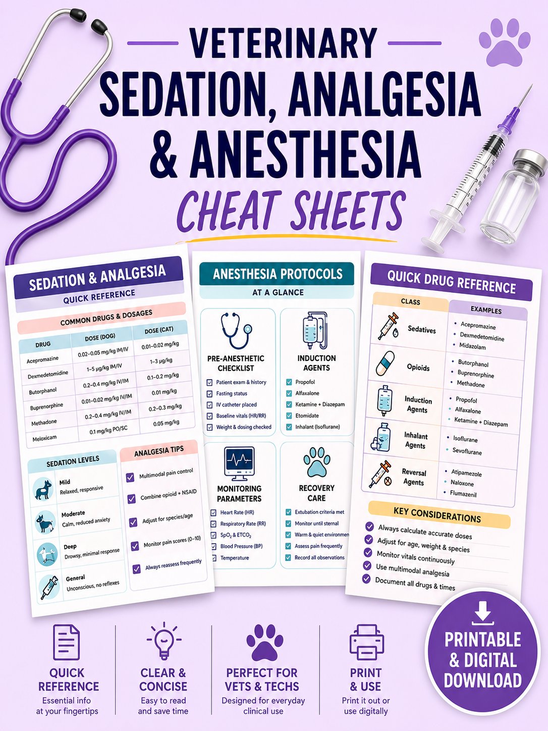 Veterinary Sedation, Analgesia and Anesthesia Reference Cheat Sheets product image (1)