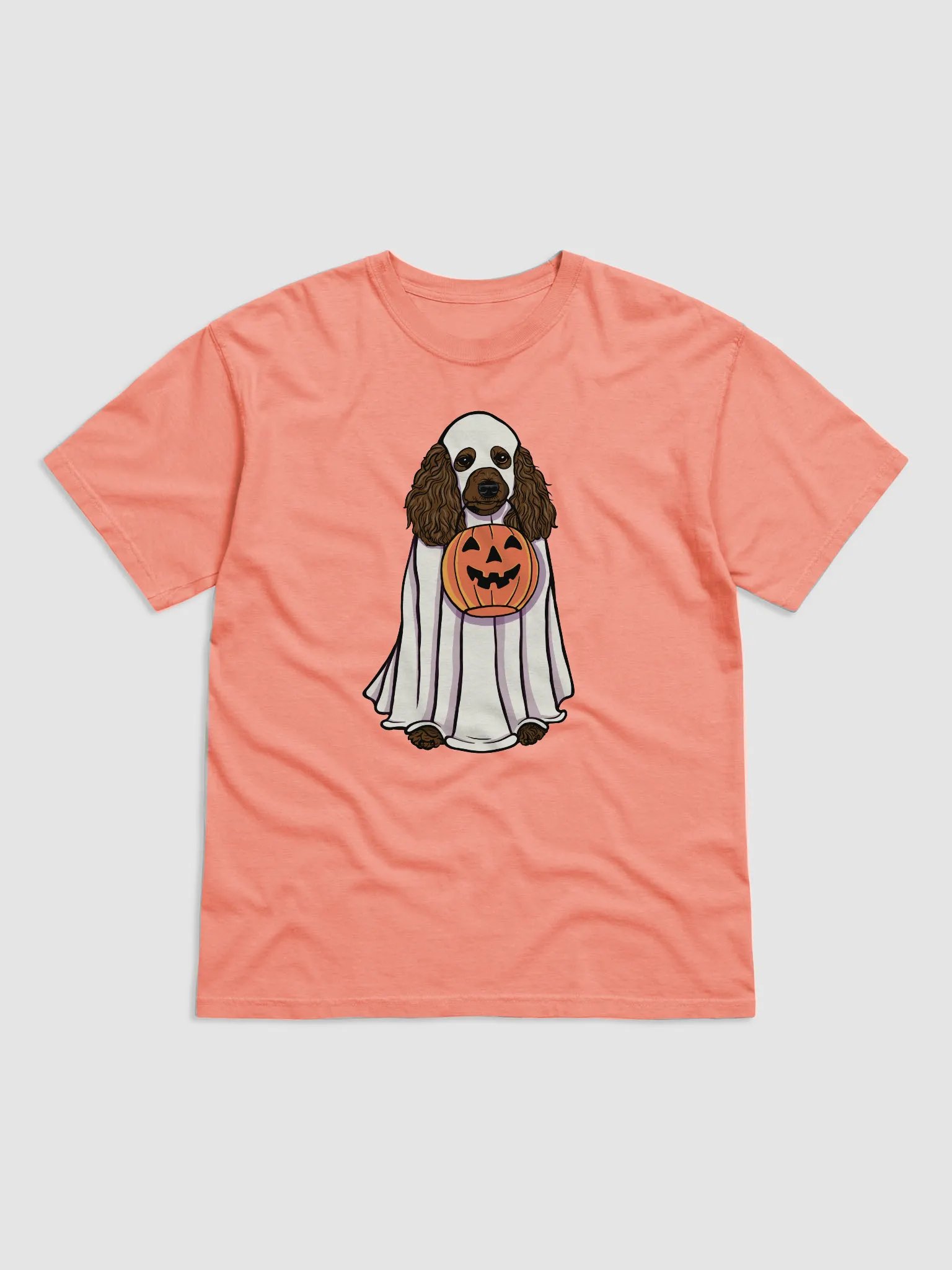 Funny Halloween Poodle(Black) T-Shirt | Funny Papillon Wearing a Ghost Costume and Holding a Pumpkin Basket product image (1)