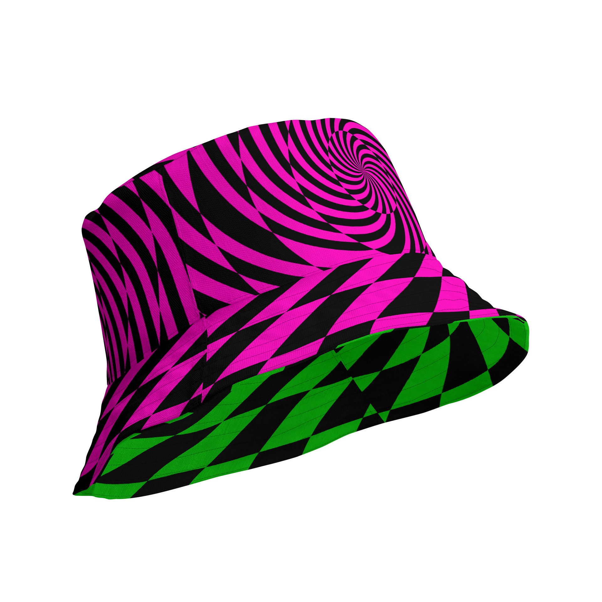 Trippy Raver Reversible Bucket Hat, Psychedelic Spirals EDM Accessory, Techno Dance Party Ravewear, Neon Green Pink Black Festival Fashion product image (3)