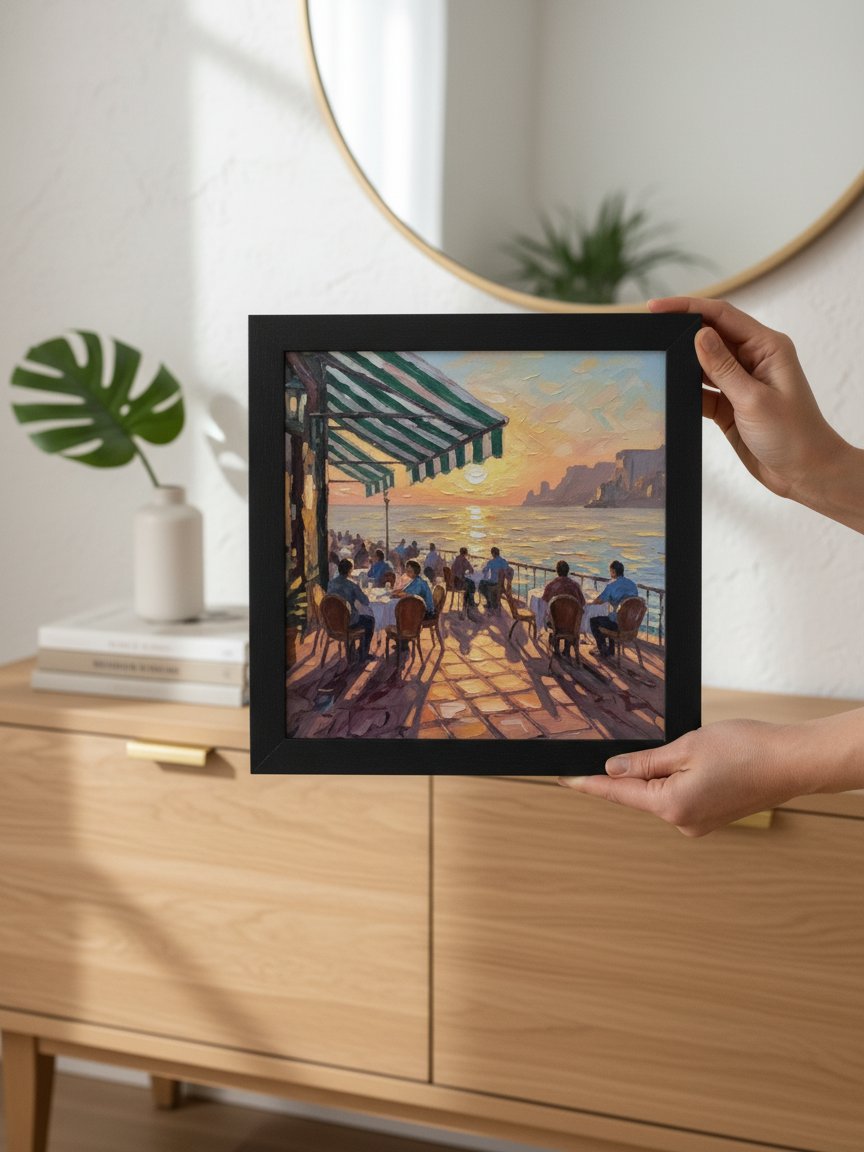 Sunset Seaside Cafe Wall Art, Impressionist Ocean Terrace Painting, Coastal Dining Decor product image (2)