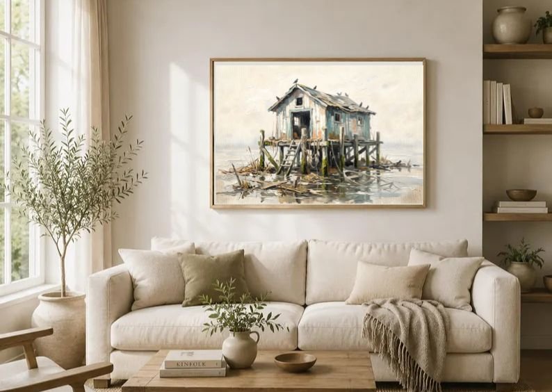 Rare Watercolor Coastal Wall Art Bundle of 3 – Abandoned Boathouse, Foggy Coastal Village & Driftwood Shore, Fine Detail Nautical Print product image (3)