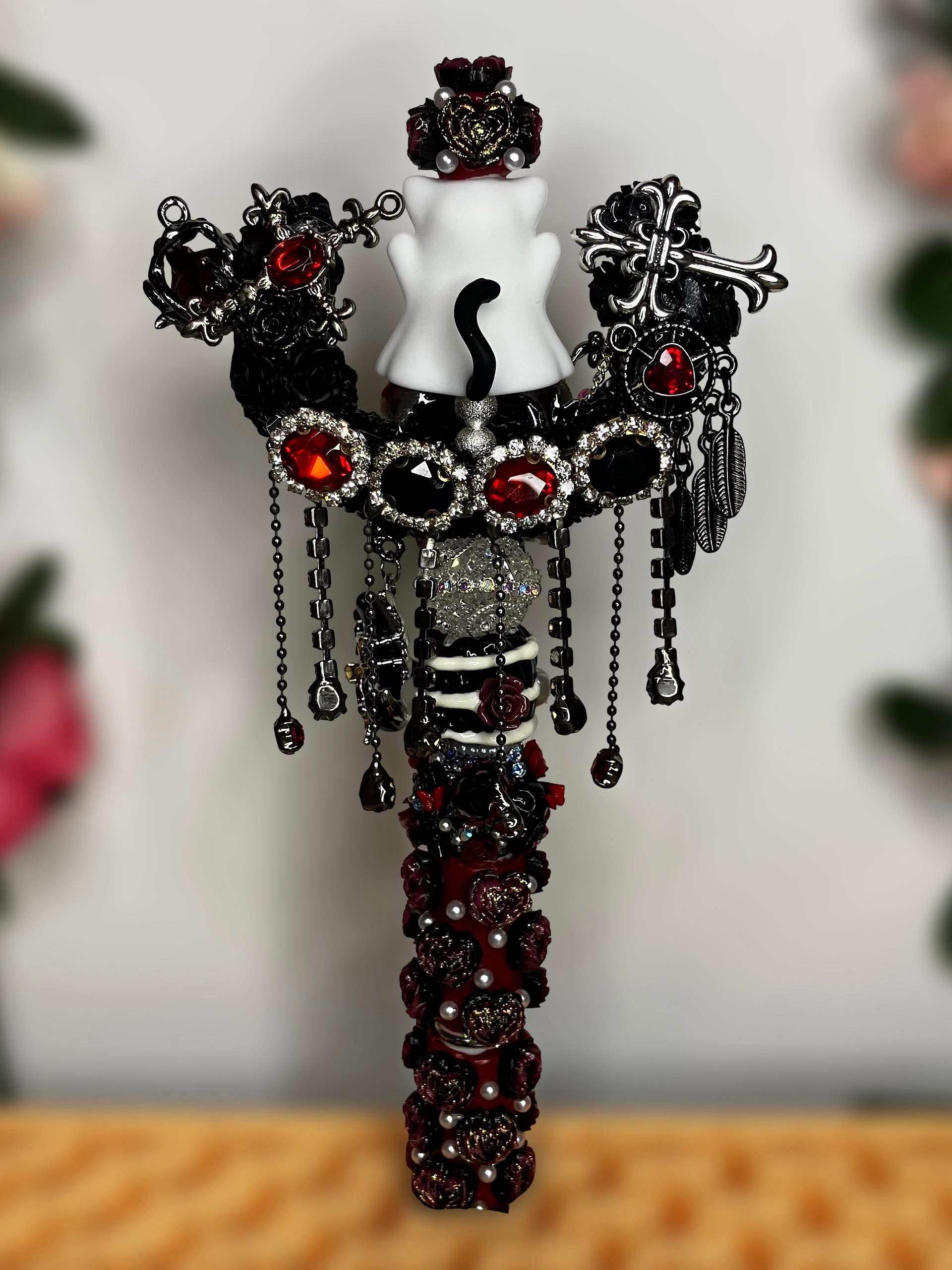 Handmade Gothic Ghost Cat Beaded Pen - Spooky Maximalist Ballpoint with Rhinestones and Charms product image (2)