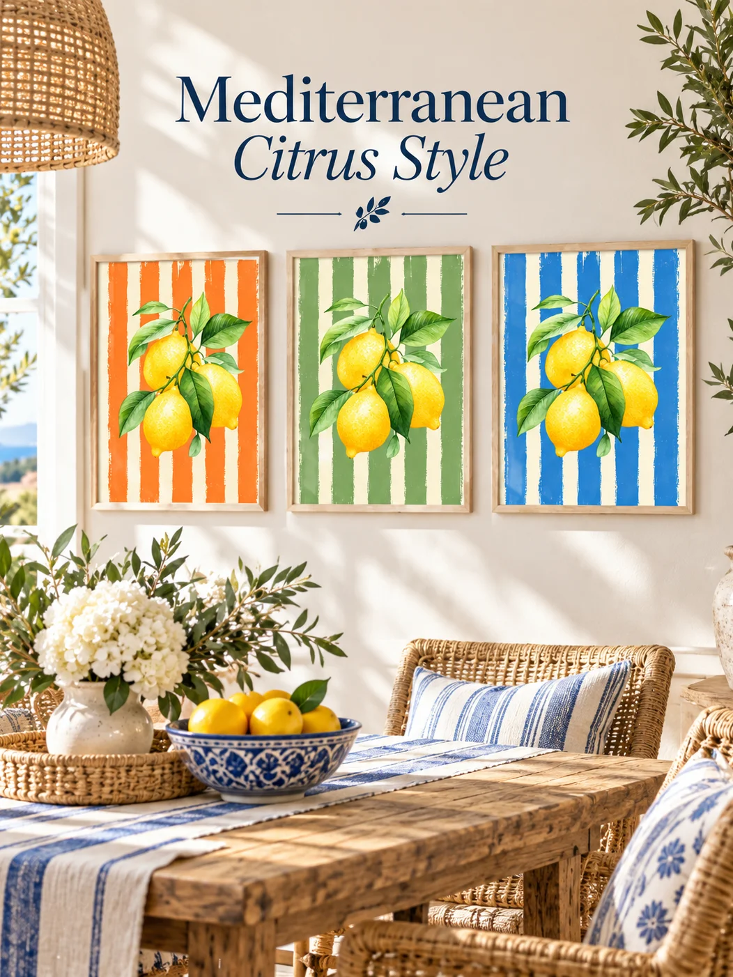 Lemon Wall Art Set | Citrus Kitchen Decor | Mediterranean Printable Posters | Orange Blue Sage Botanical Trio Download product image (7)