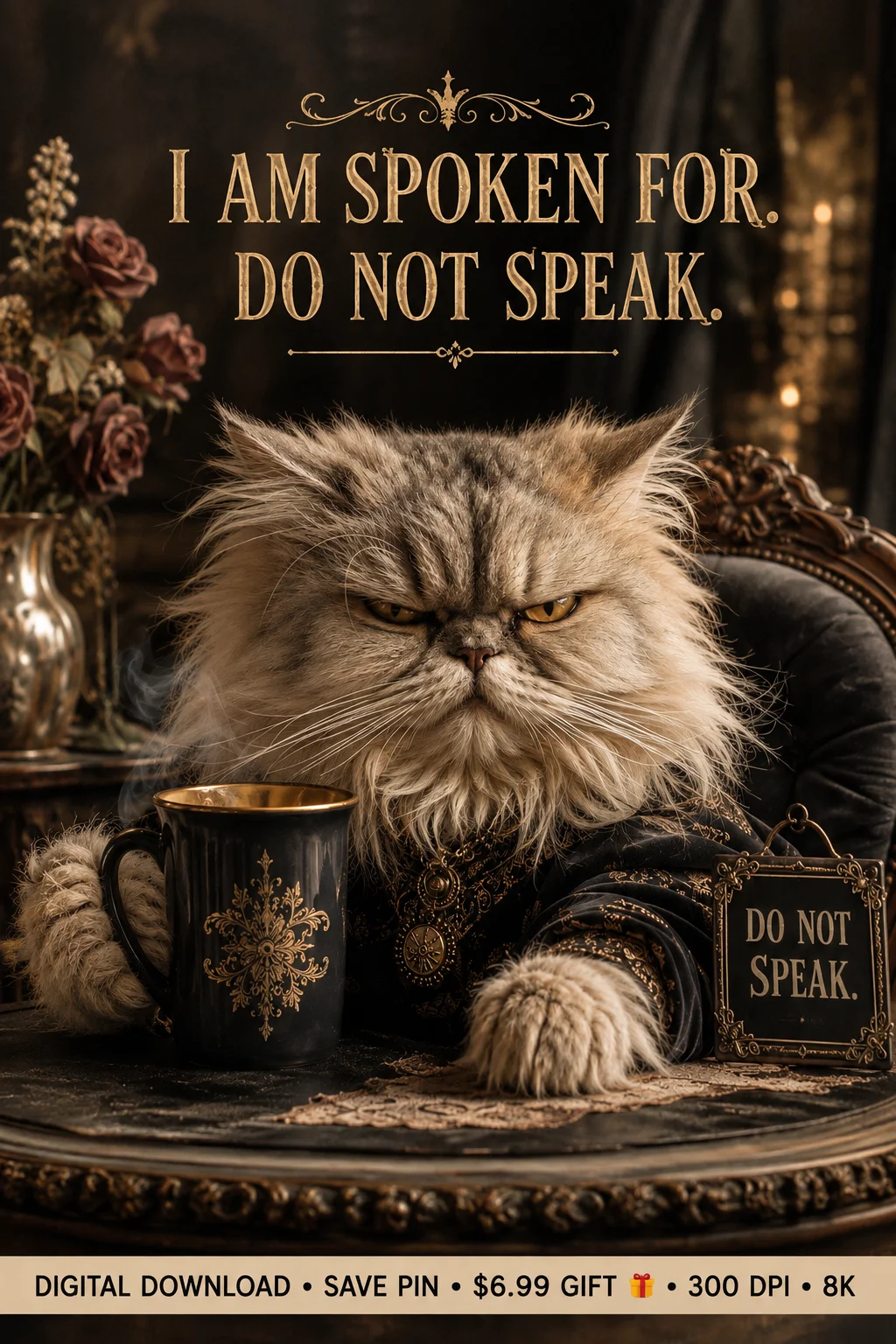 I Am Spoken For Do Not Speak Cat Wall Art | Funny Grumpy Cat Printable | Gothic Cat Gift product image (1)