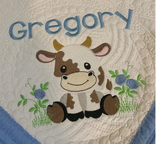 Personalized Baby Cow Quilt: Embroidered Cotton Monogrammed Blanket product image (1)