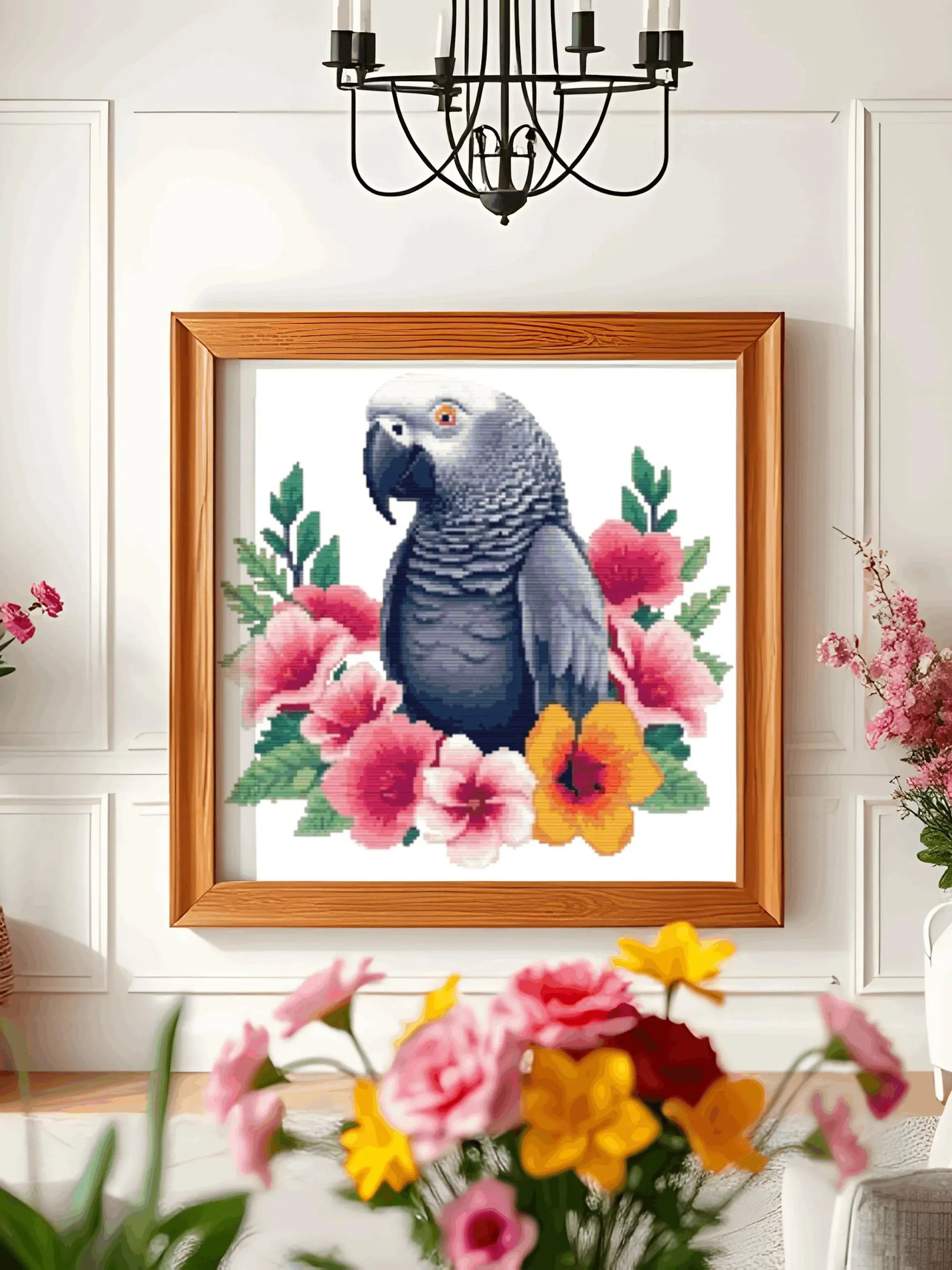 Floral African Grey Parrot Cross Stitch Pattern product image (5)