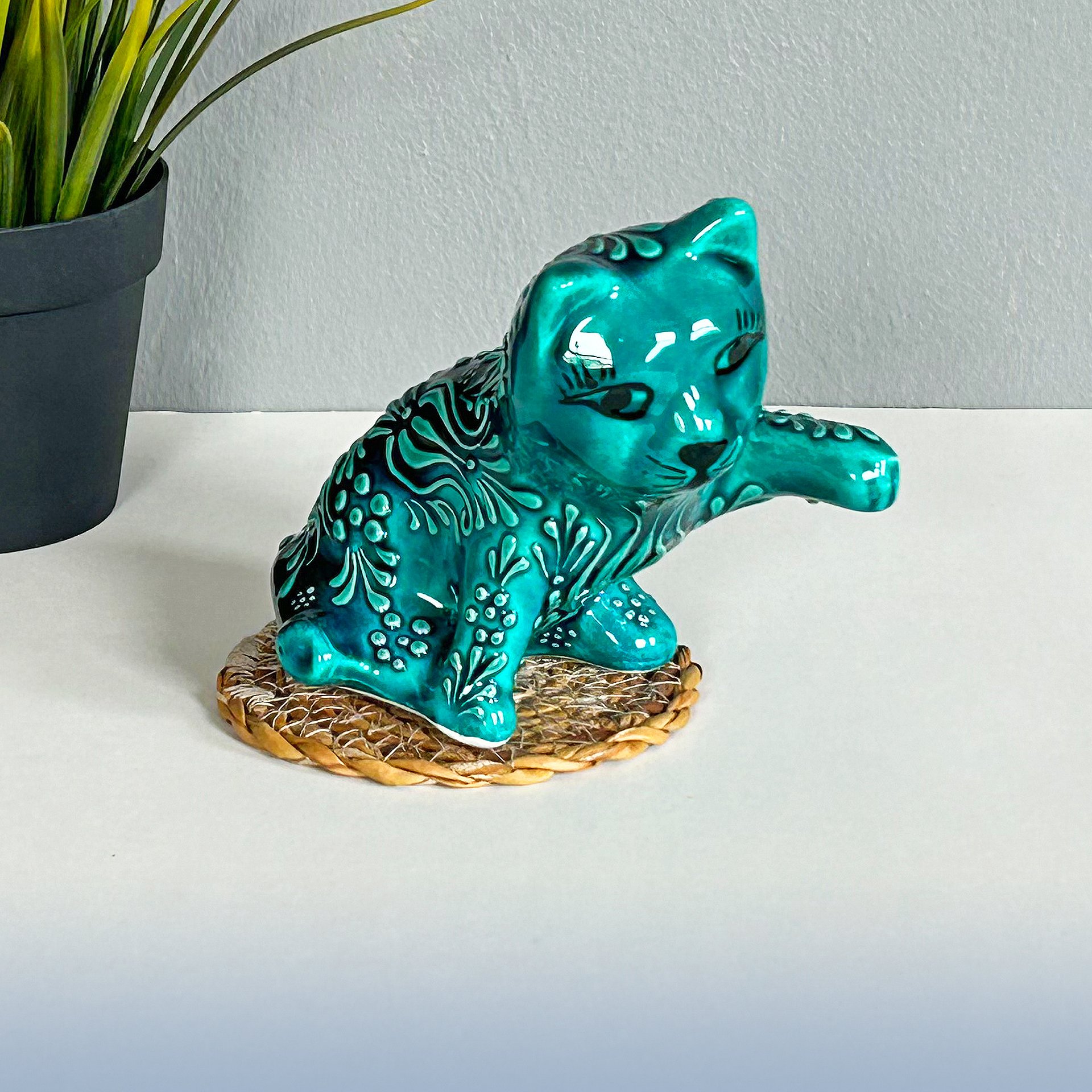 Ceramic turquoise cat — handmade pottery, handmade ceramic, home decor, handmade gift, Turkish ceramic product image (3)