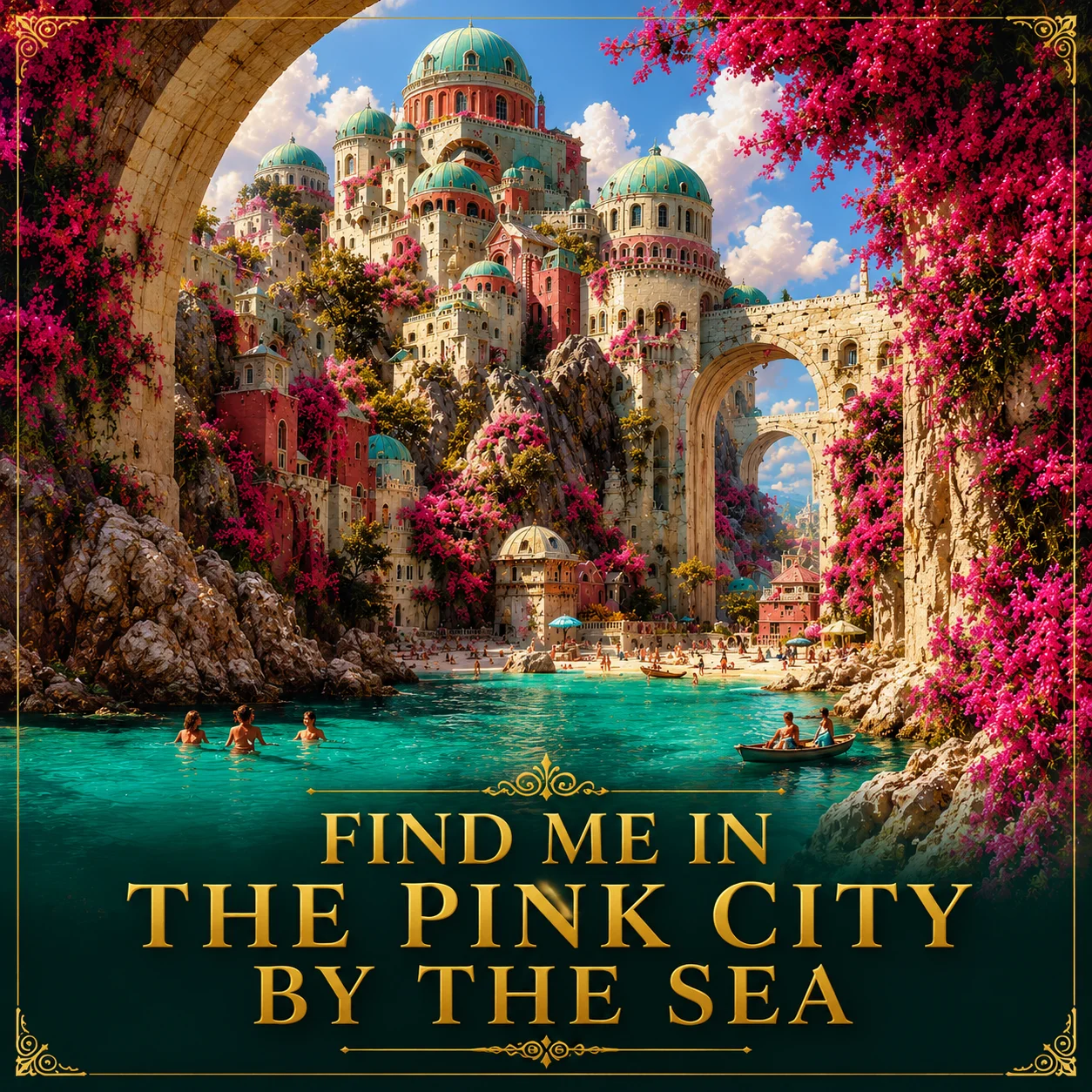 Fantasy Tropical City Pink Bougainvillea Ocean Wall Art Digital Download Printable product image (2)