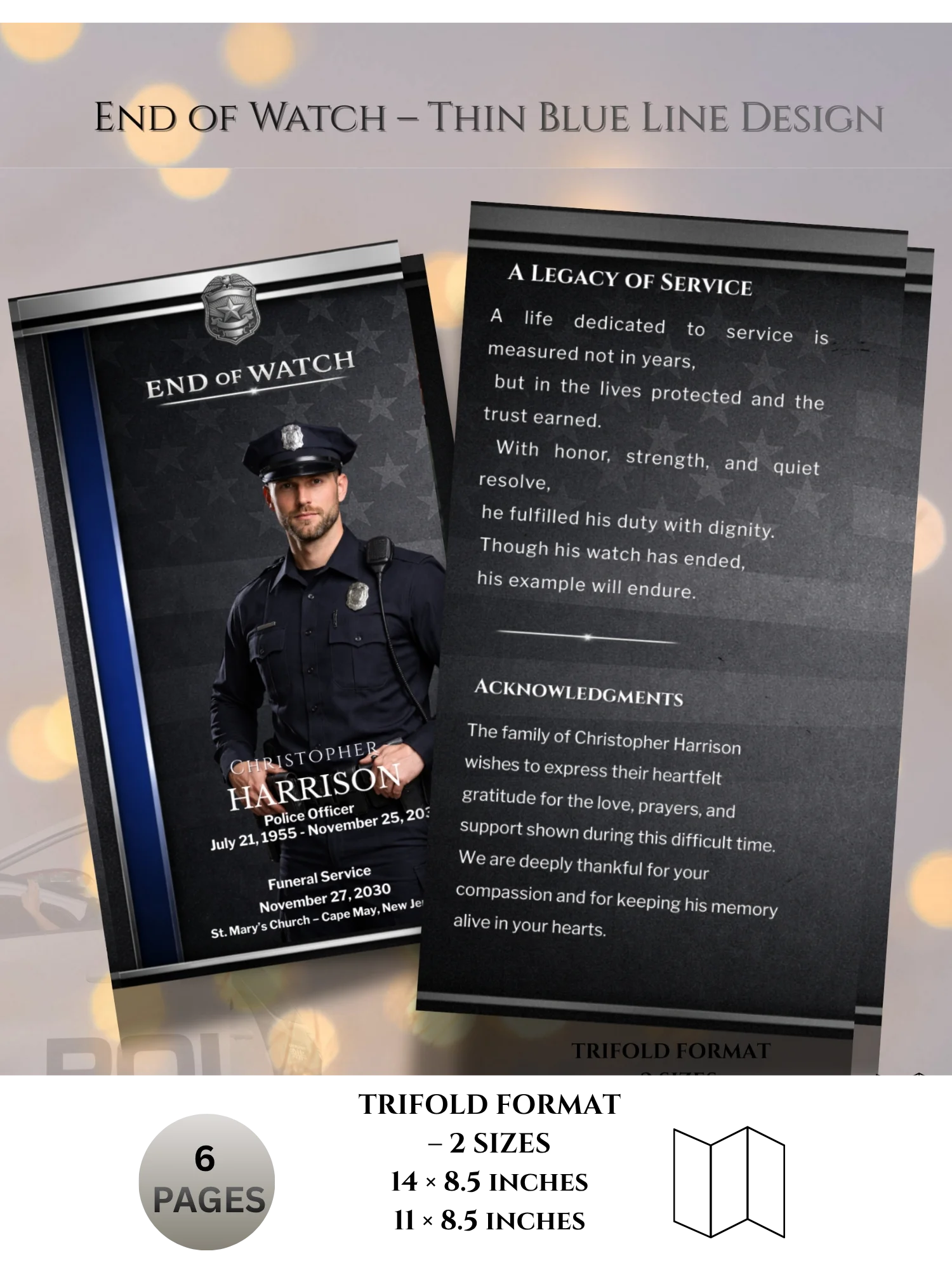 Police Obituary Funeral Program Canva Template | Thin Blue Line 6-Page Trifold Memorial product image (6)