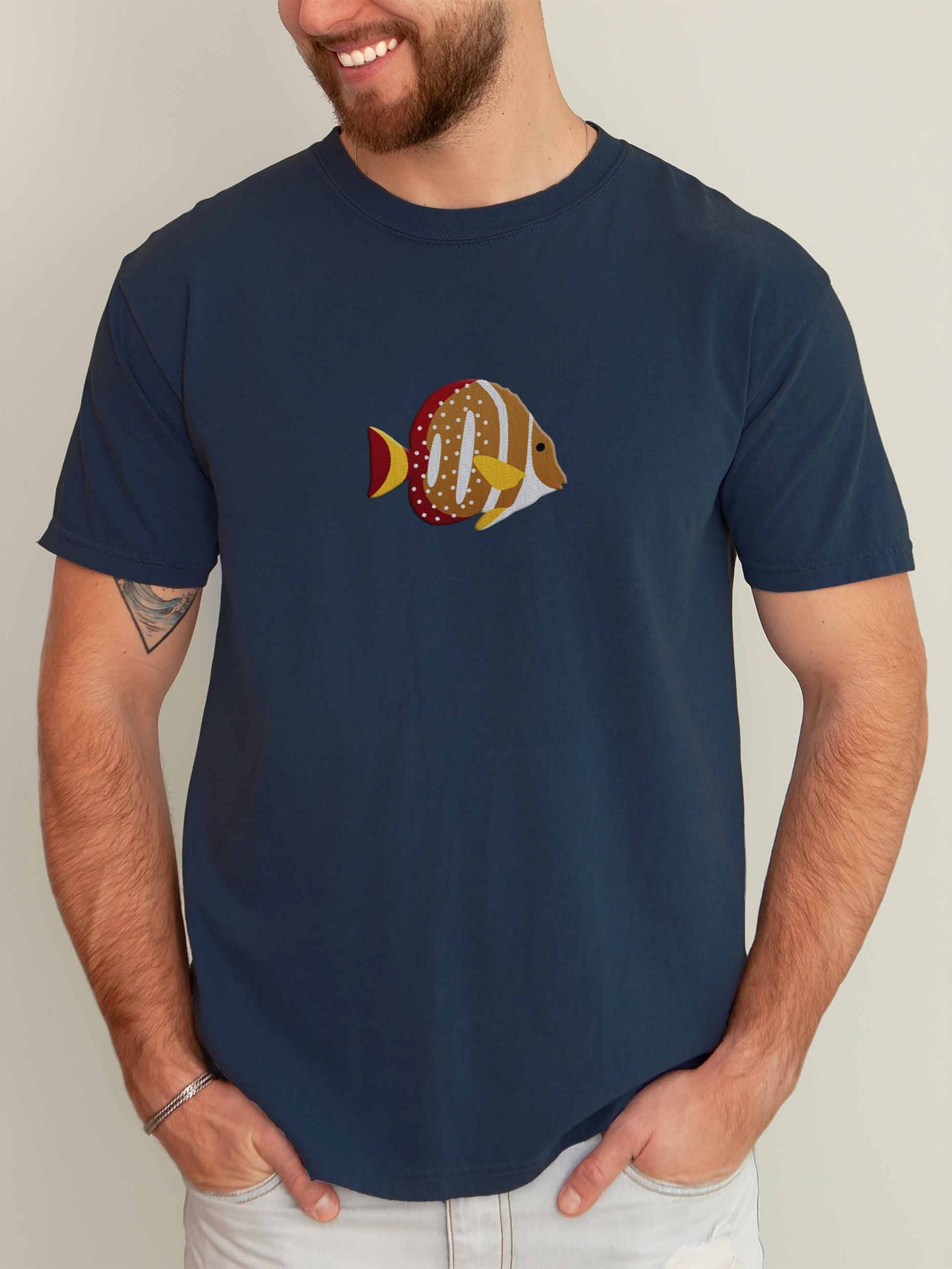 Mustard Butterflyfish Embroidered Shirt | Reef Aquarium Fish Embroidery Tee | Saltwater Marine Fish Apparel product image (2)