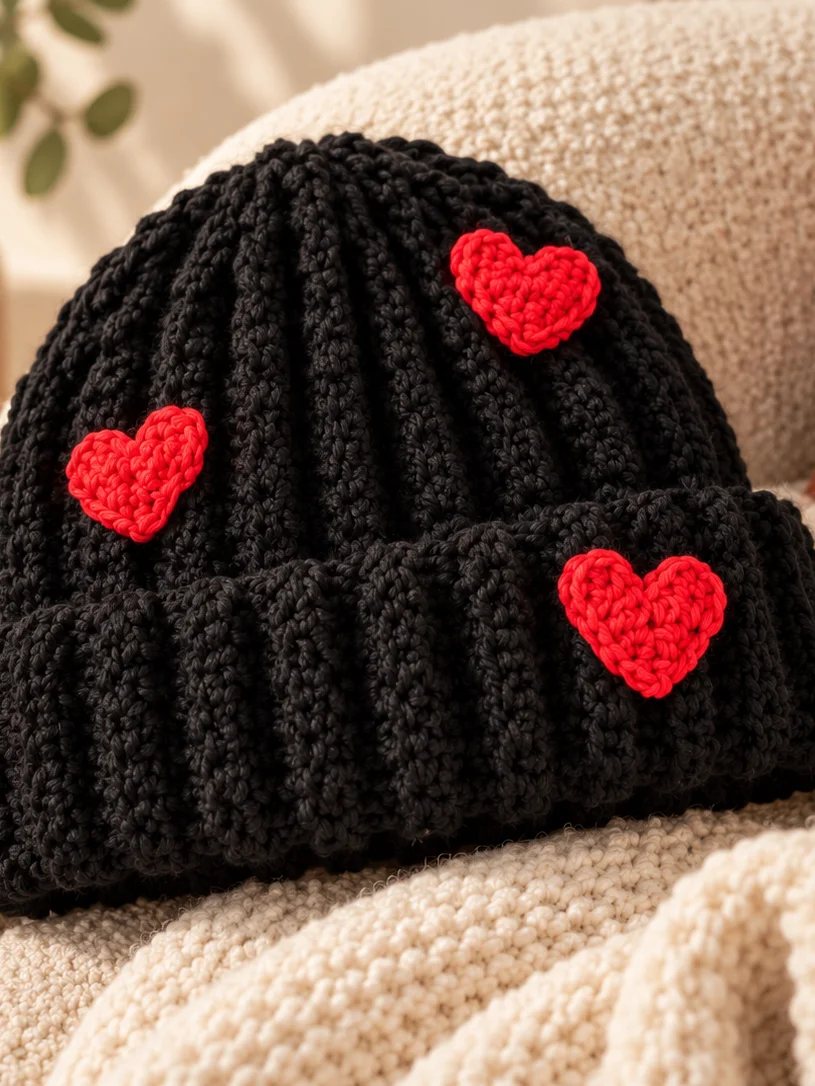 Crochet Heart Beanie Pattern PDF | Beginner Ribbed Crochet Hat with Heart Appliqués product image (2)