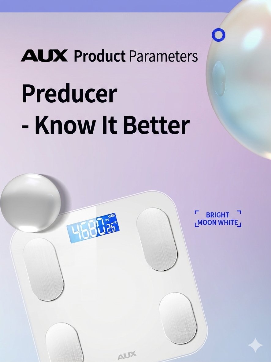 AUX Smart Scale: 81+ metrics via OKOK App. High-precision (0.01kg) sensors. USB rechargeable. 400lb capacity. Sleek tempered glass in Black/White. product image (8)