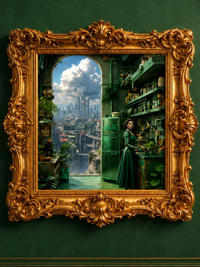 Cyberpunk Kitchen Poster | 2077 Green Fridge Wall Art | 10x10 Futuristic Decor product image (1)