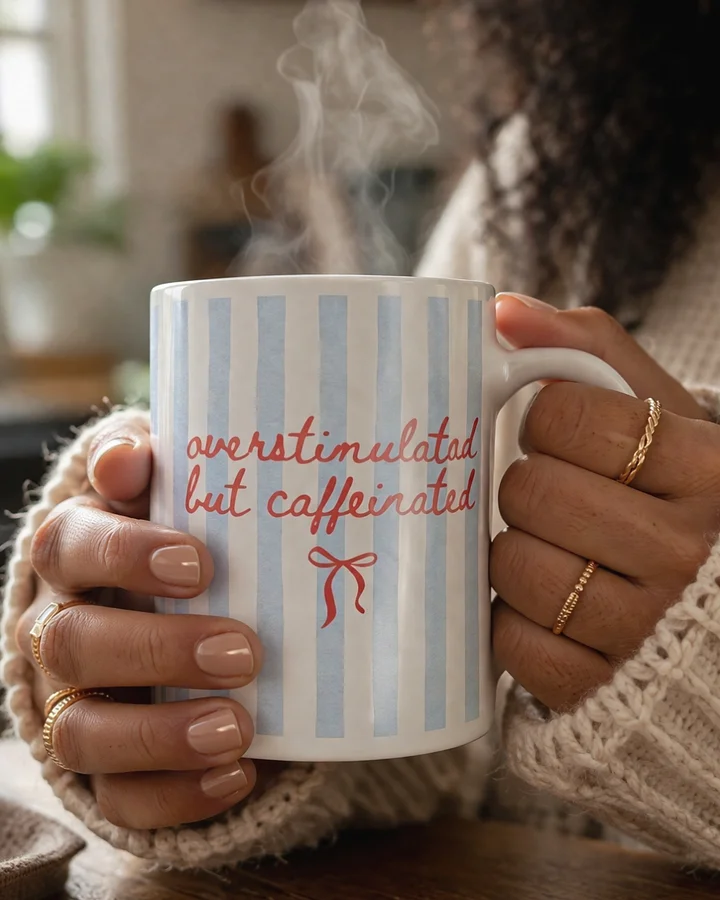 Overstimulated But Caffeinated Mug – Funny Mom Coffee Mug, Coquette Aesthetic, Cute Striped Bow Mug, Mothers Day Gift, Tired Mom Gift, Sarcastic Coffee Mug for Women product image (1)