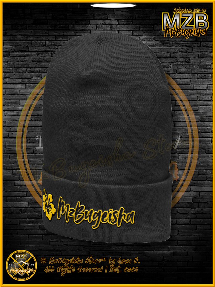 Beanie - MzBugeisha™ "Name Logo w/ Hibiscus Flower [MZBPC] (blk/yellow)" Stylish Embroidered Beanie Hat By Anna H. product image (2)