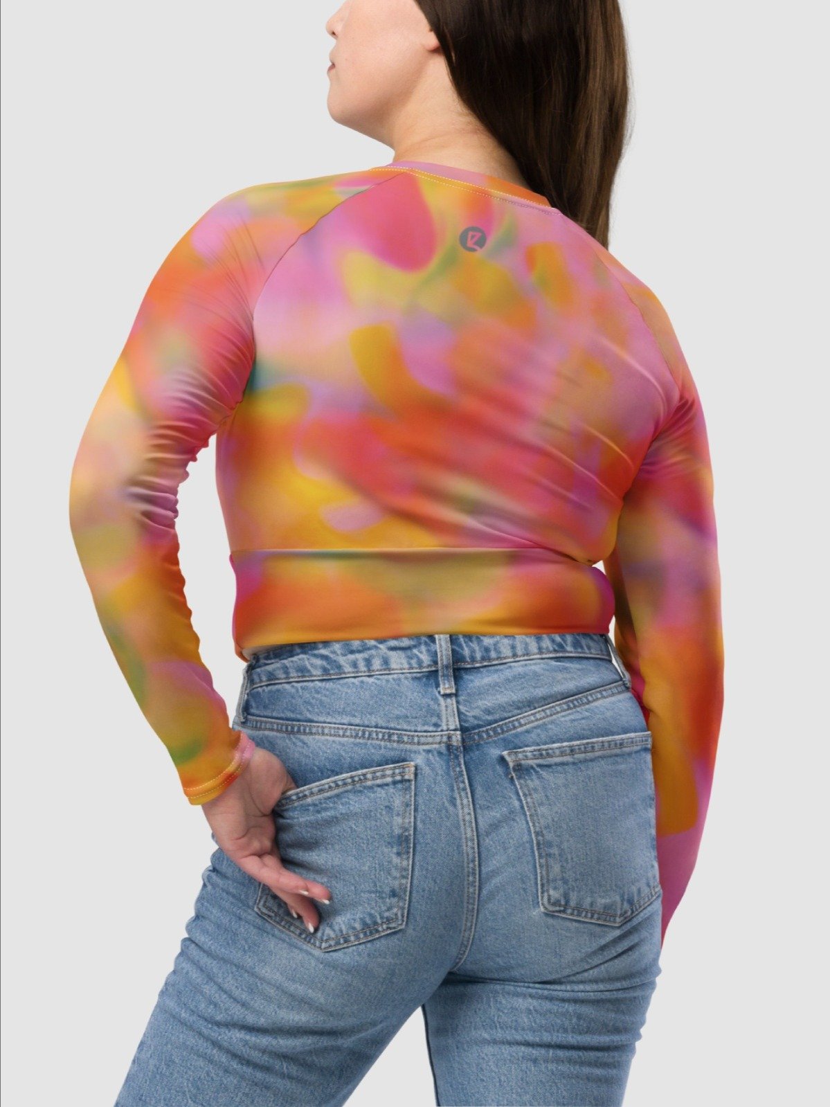 Recycled long-sleeve crop top "Sweet Pastel Tie Dye in Orange Light Pink" product image (6)
