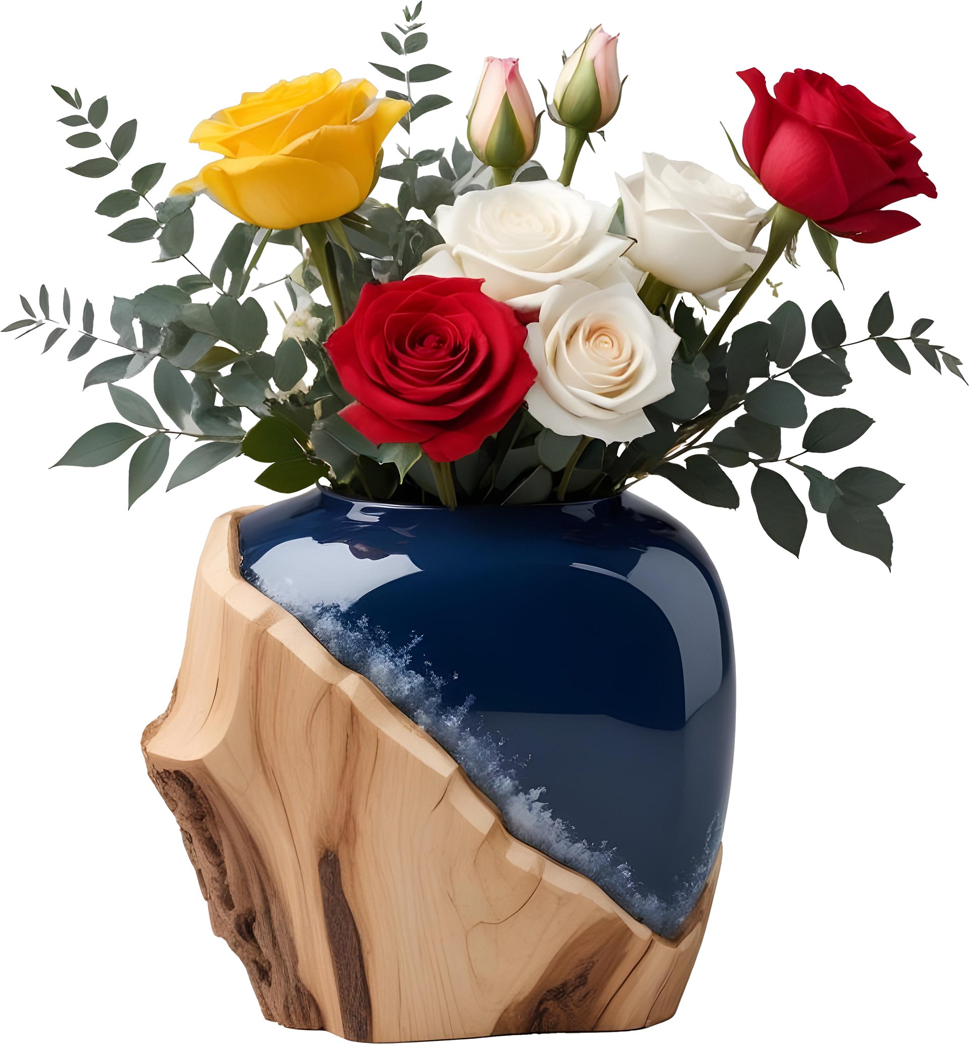 Eternal Charm – Wooden Elegance Vase with Roses PNG product image (1)