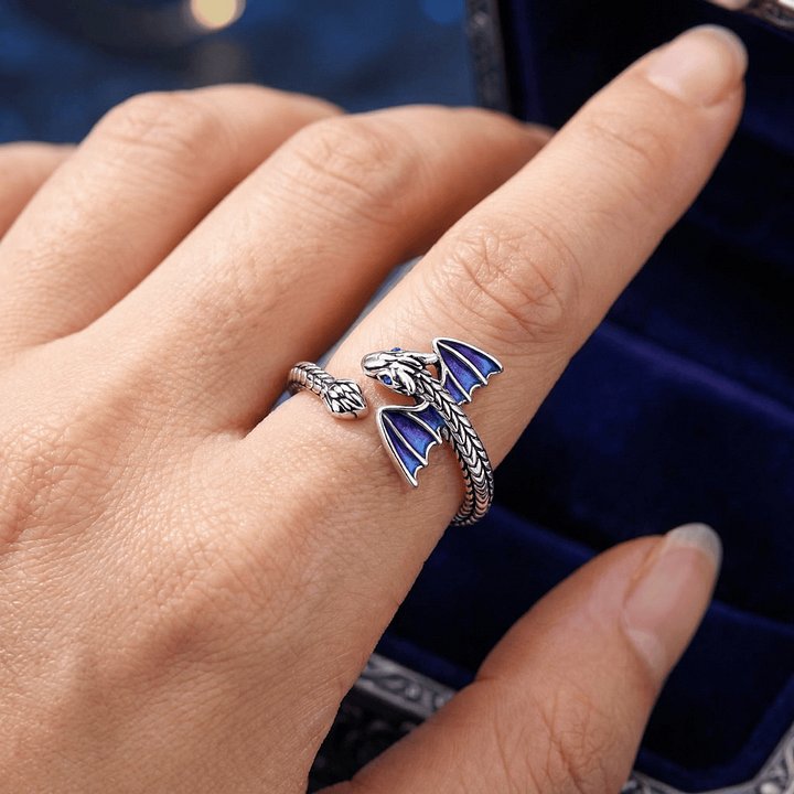 925 Sterling Silver Dragon Ring with Blue Enamel Wings - Adjustable Open Wrap Ring product image (2)