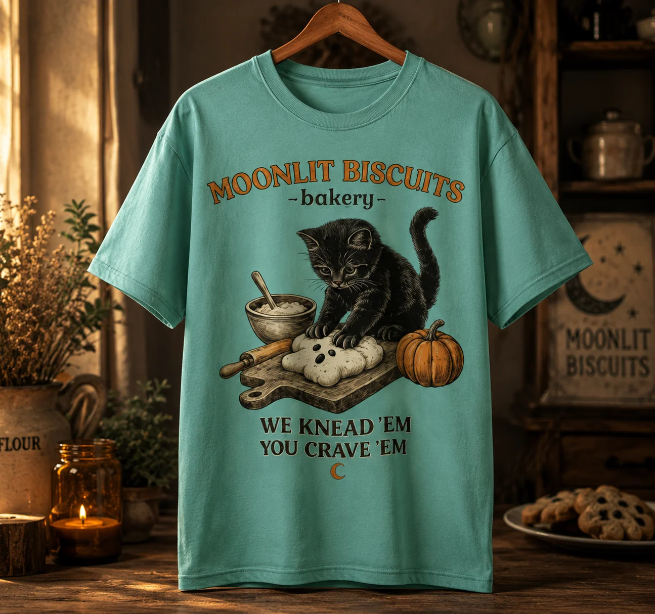 Moonlit Biscuits Cat Graphic Tee | Cozy Black Cat Bakery Shirt product image (1)