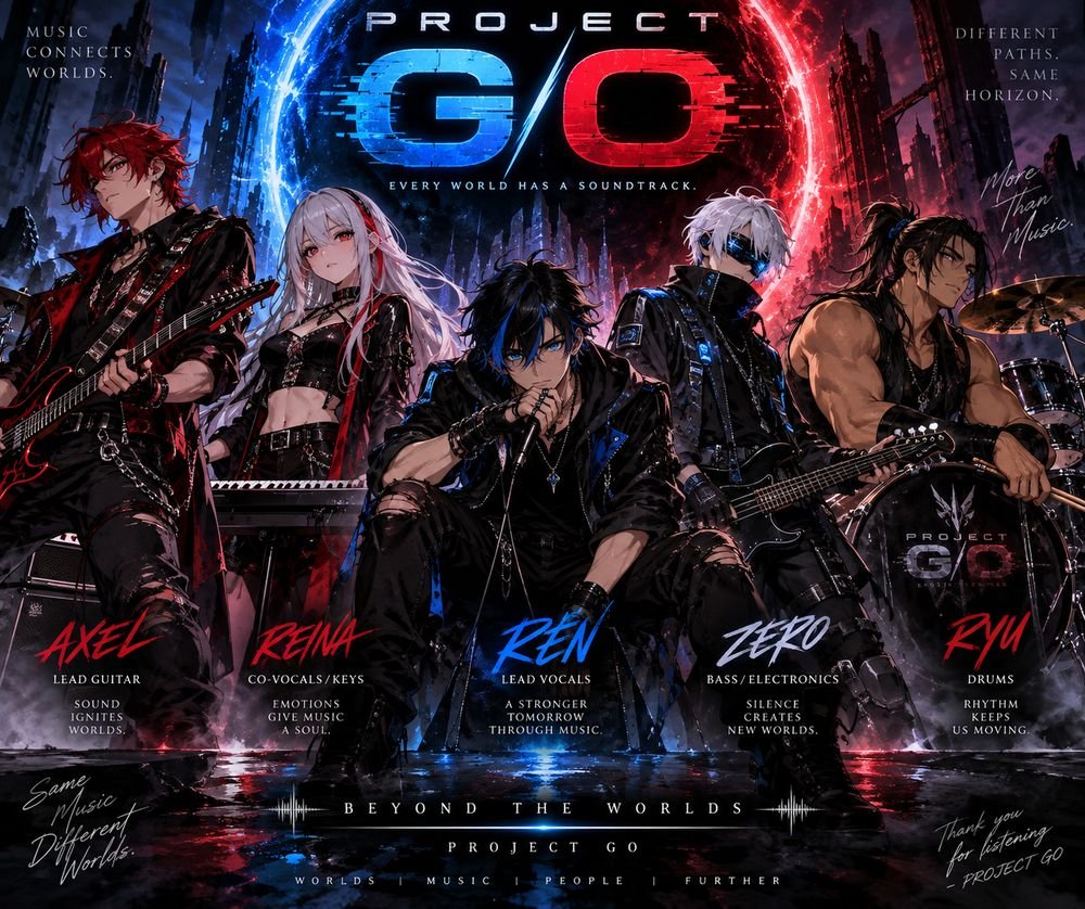 Project GO band banner: Axel, Reina, Ren, Zero and Ryu beneath the split blue and red G/O logo