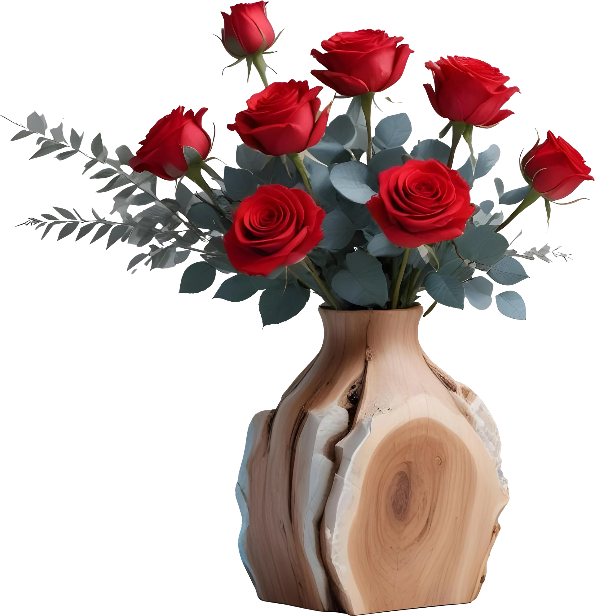 Natural Wooden Slice Vase with Red Roses PNG product image (1)