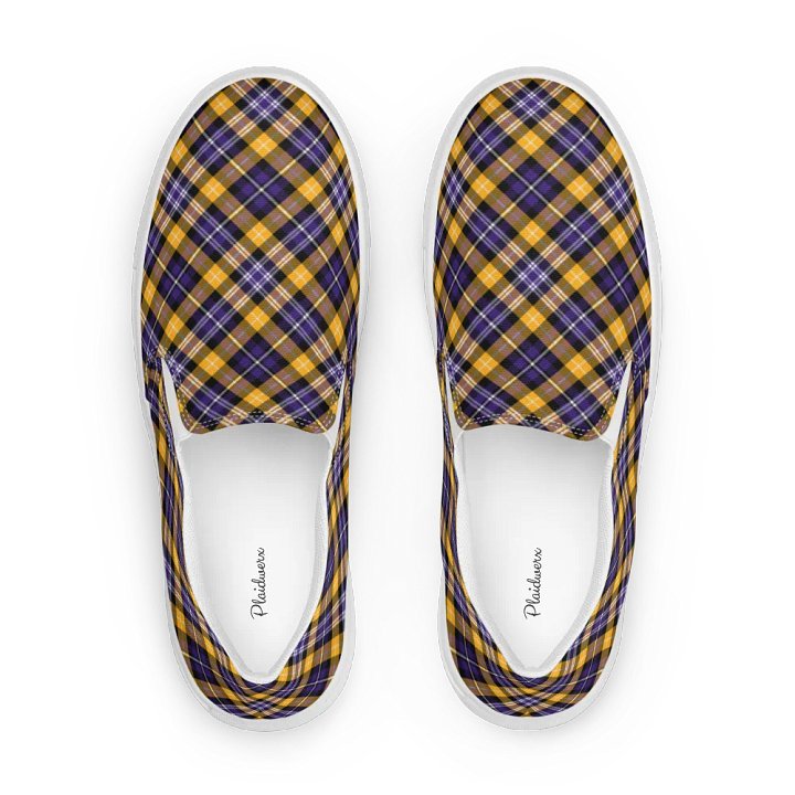 Purple and Yellow Gold Sporty Plaid Men's Slip On Shoes product image (1)