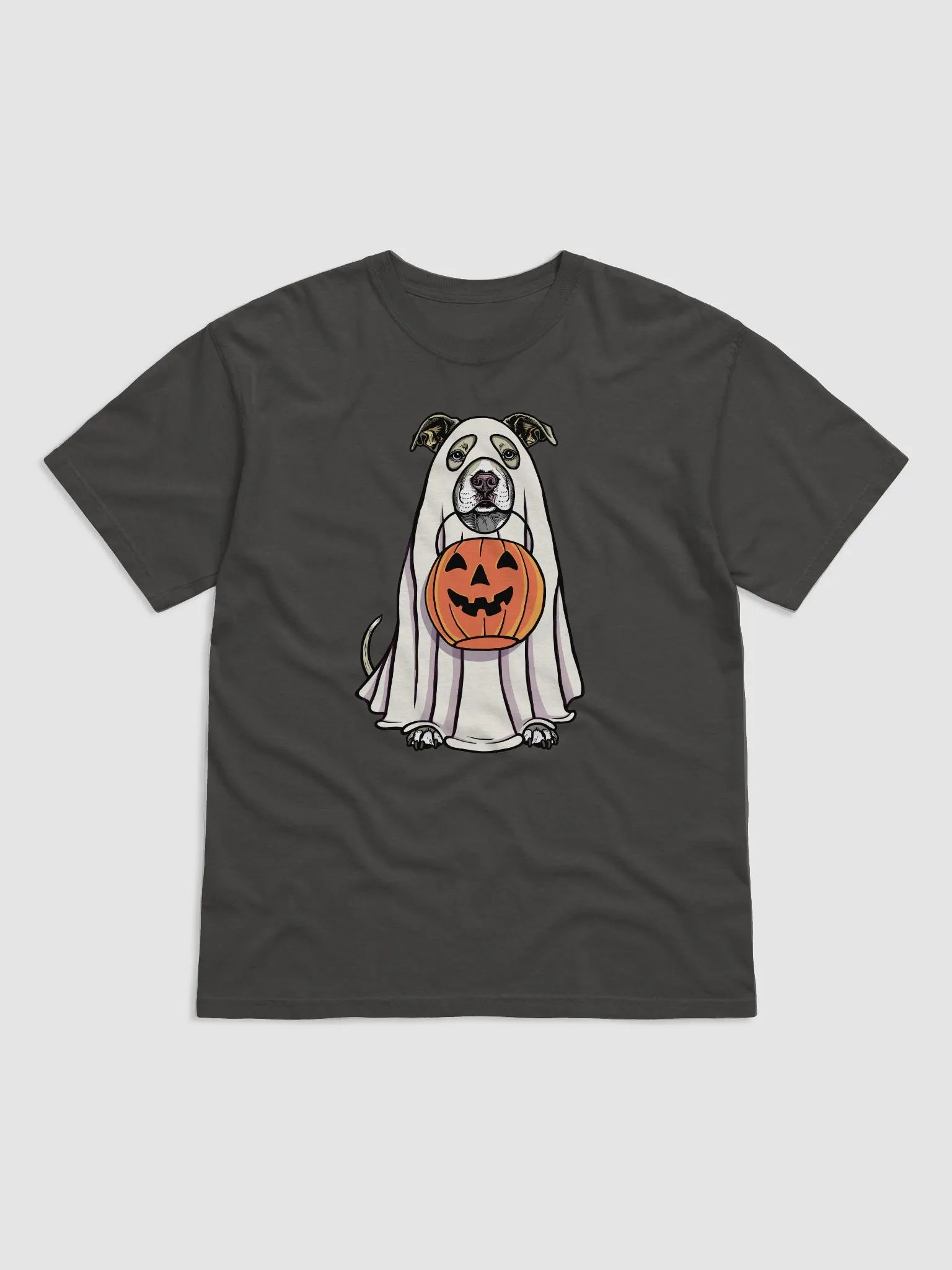 Funny Halloween Pitbull Terrier(Fawn) T-Shirt | Funny Pittie Wearing a Ghost Costume and Holding a Pumpkin Basket product image (1)