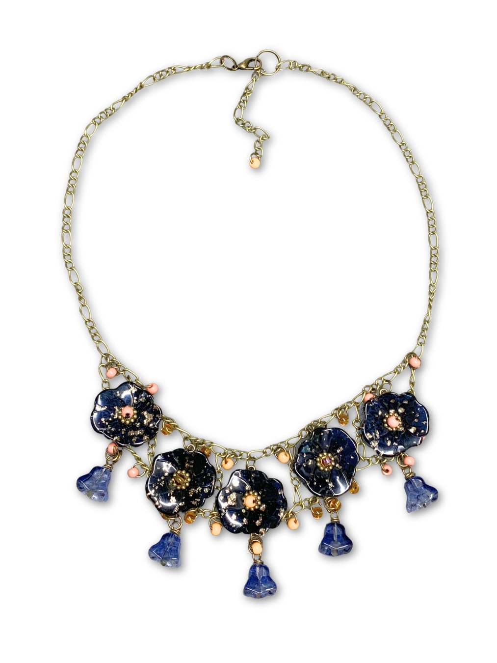 Beaded Glass Floral Statement Necklace on Chain - Blue product image (1)