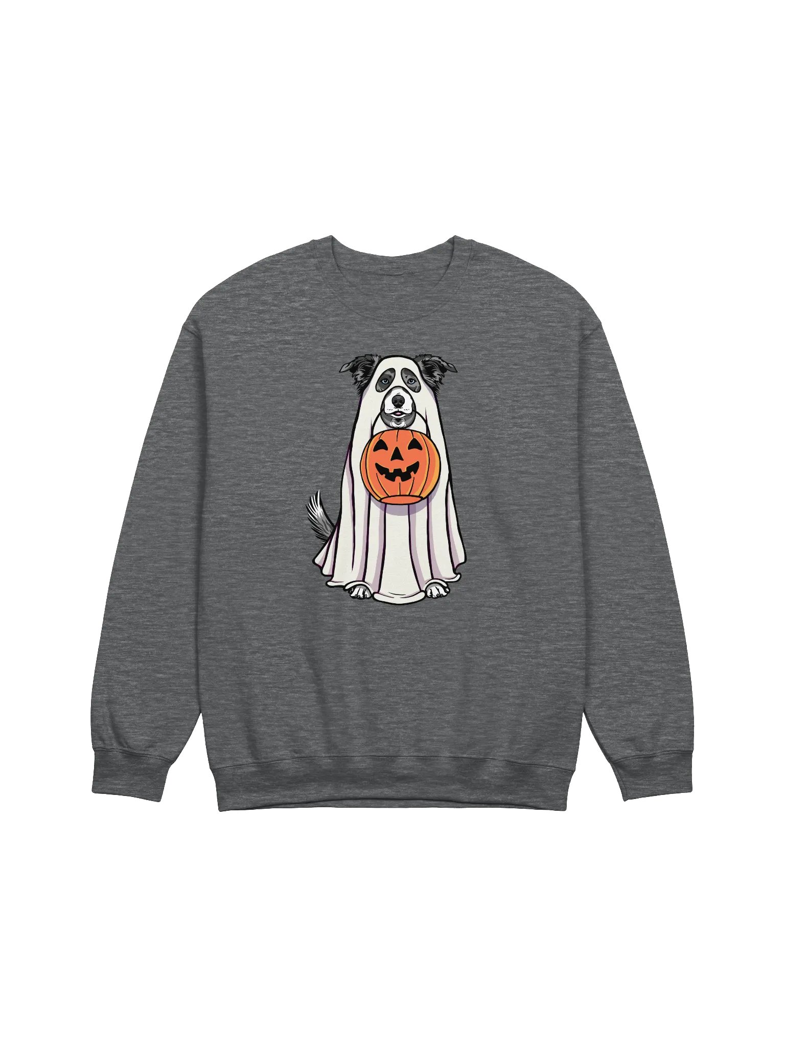 Funny Halloween Border Collie(Blue Merle) Sweatshirt | Funny Border Collie Wearing a Ghost Costume and Holding a Pumpkin Basket product image (1)