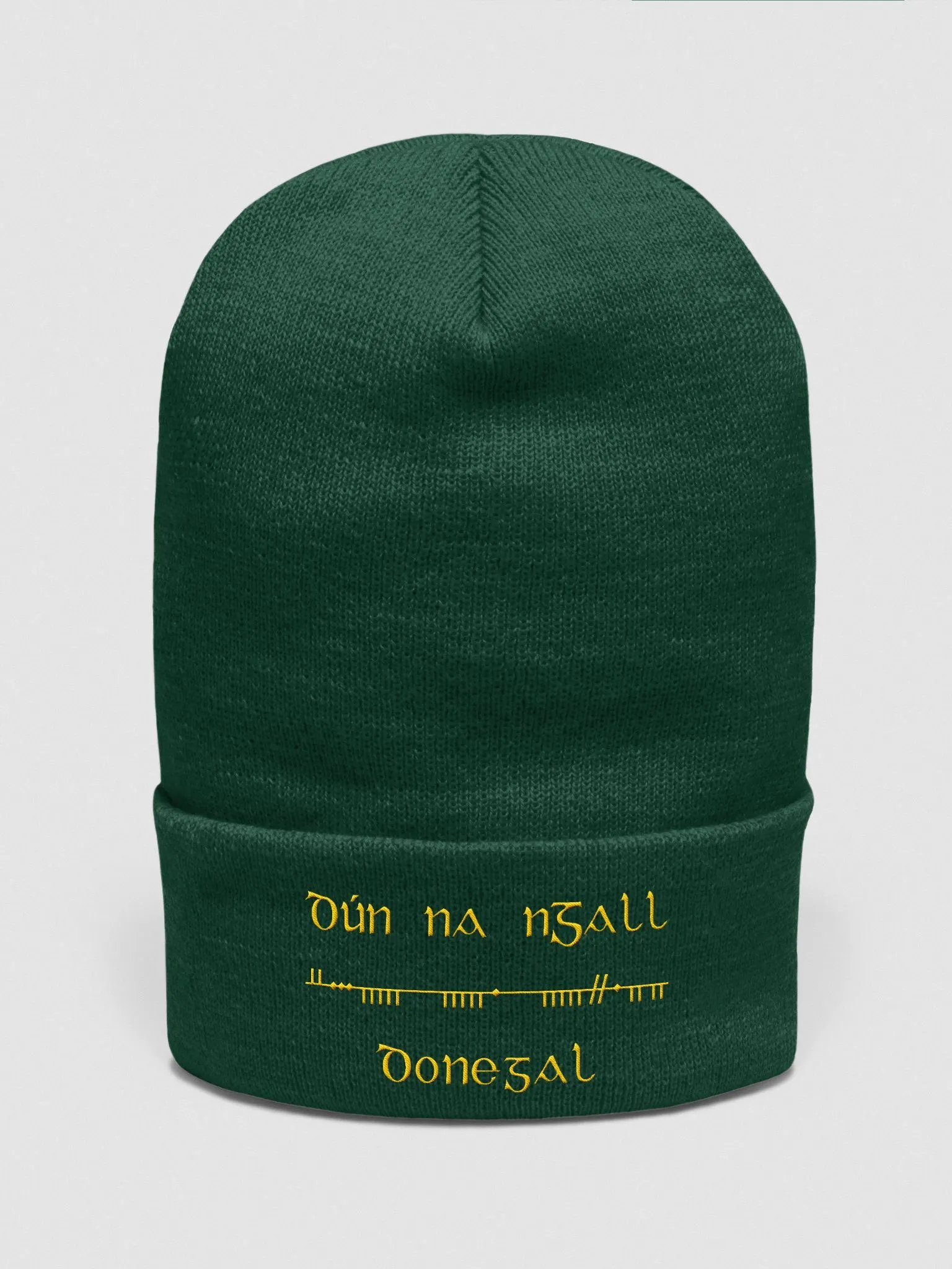 Donegal/Dún na nGall, Scholastic Ogham, Green with Gold, embroidered cuffed Beanie product image (1)