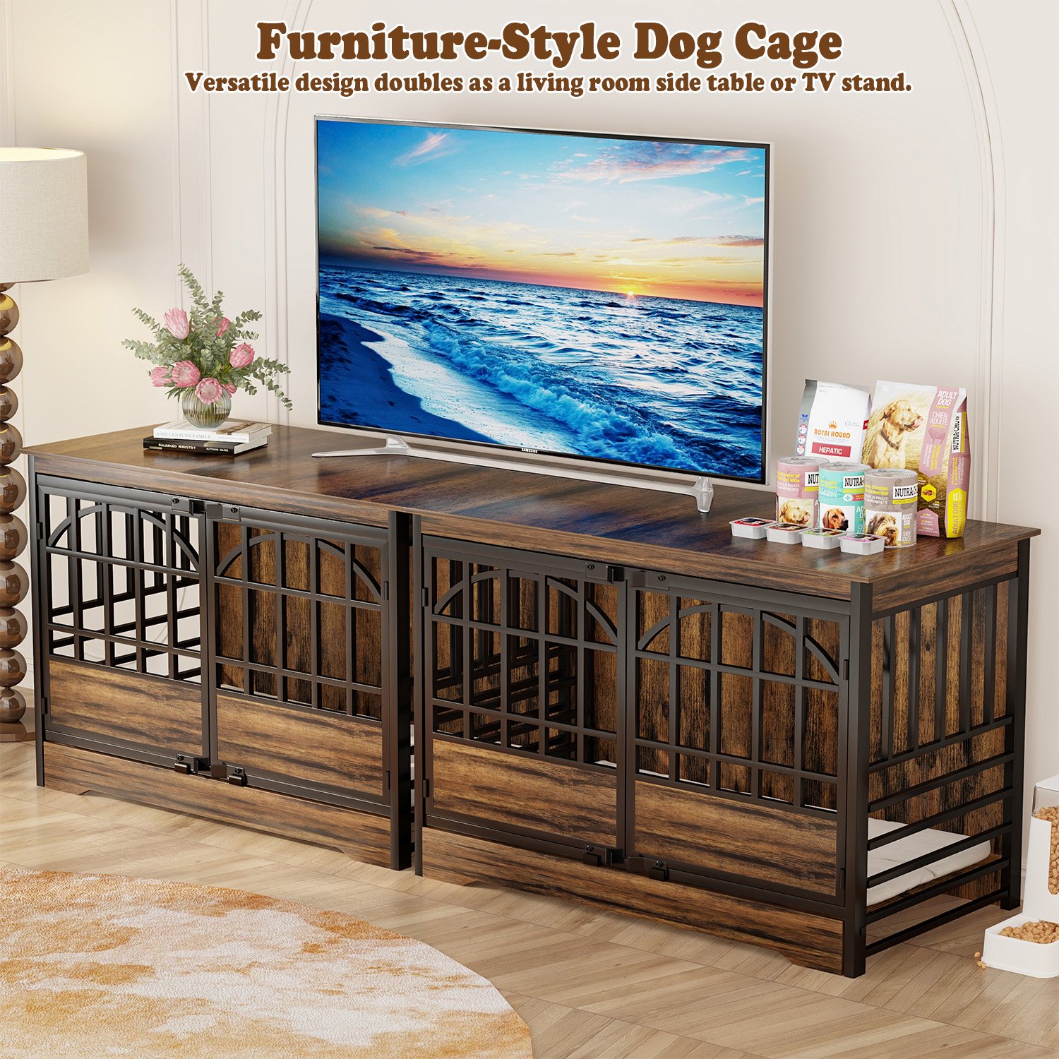 52 inch Dog Crate Furniture, XL Indoor Dog Kennel for Extra Large Breeds, Heavy Duty Wooden Dog Cage with Double Arched Doors, TV Stand & End Table, Retro Brown product image (3)