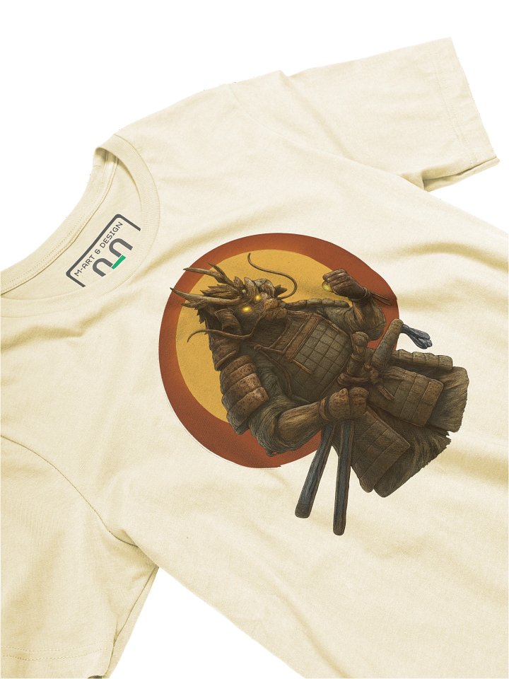 Dragon Samurai T-Shirt – Glowing Eyes, Vintage Armor, Japanese Sun Motif - by M-Art & Design product image (2)