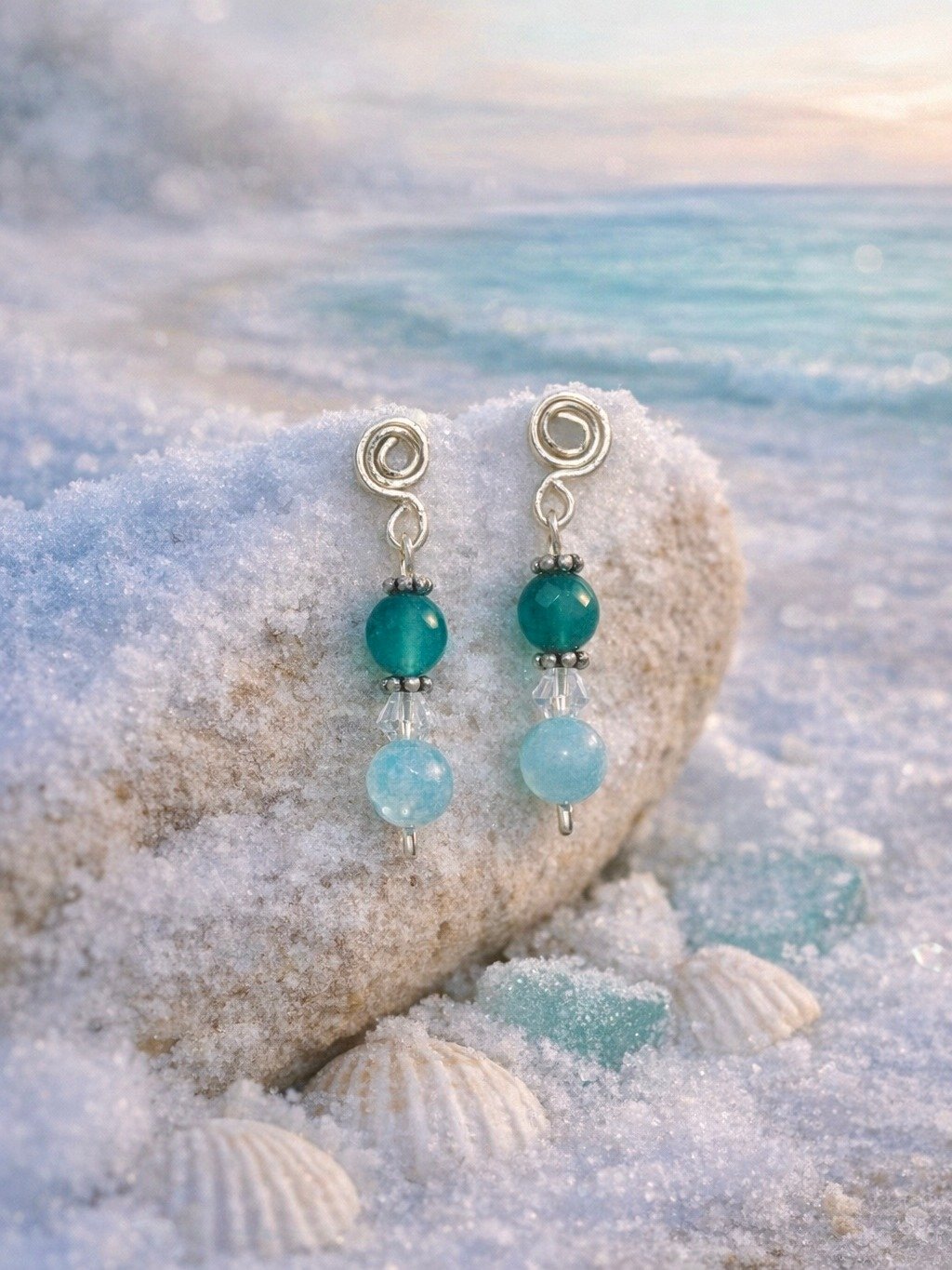 MFD-00306 | Aquamarine & Jade Colored Semi-Precious Bead Earrings – Handcrafted Spiral Post Earrings for March Birthdays | Elegant Coastal Jewelry product image (1)