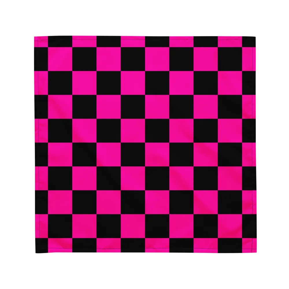 Hot Pink Black Checkerboard Bandana, Neon Retro Checkers Summer Accessory product image (3)