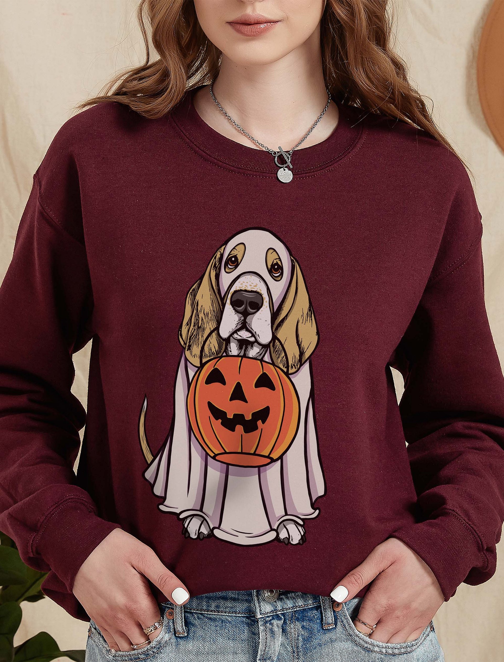 Funny Halloween Basset Hound(Lemon) Sweatshirt | Funny Basset Hound Wearing a Ghost Costume and Holding a Pumpkin Basket product image (2)