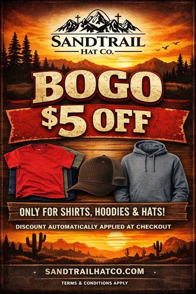 We are doing a buy one get one $5 off sale. this has no current end date. I am please to announce that we will be releasing a Camo collection real soon and it is currently in the works. Cowboy Hats will be coming back to the store at the end of the month as well so be ready for that. I apologize for the ghosting. i am doing everything by myself at the moment so im always fullfilling orders, dealing with personal life or something else so bear with me yall. 