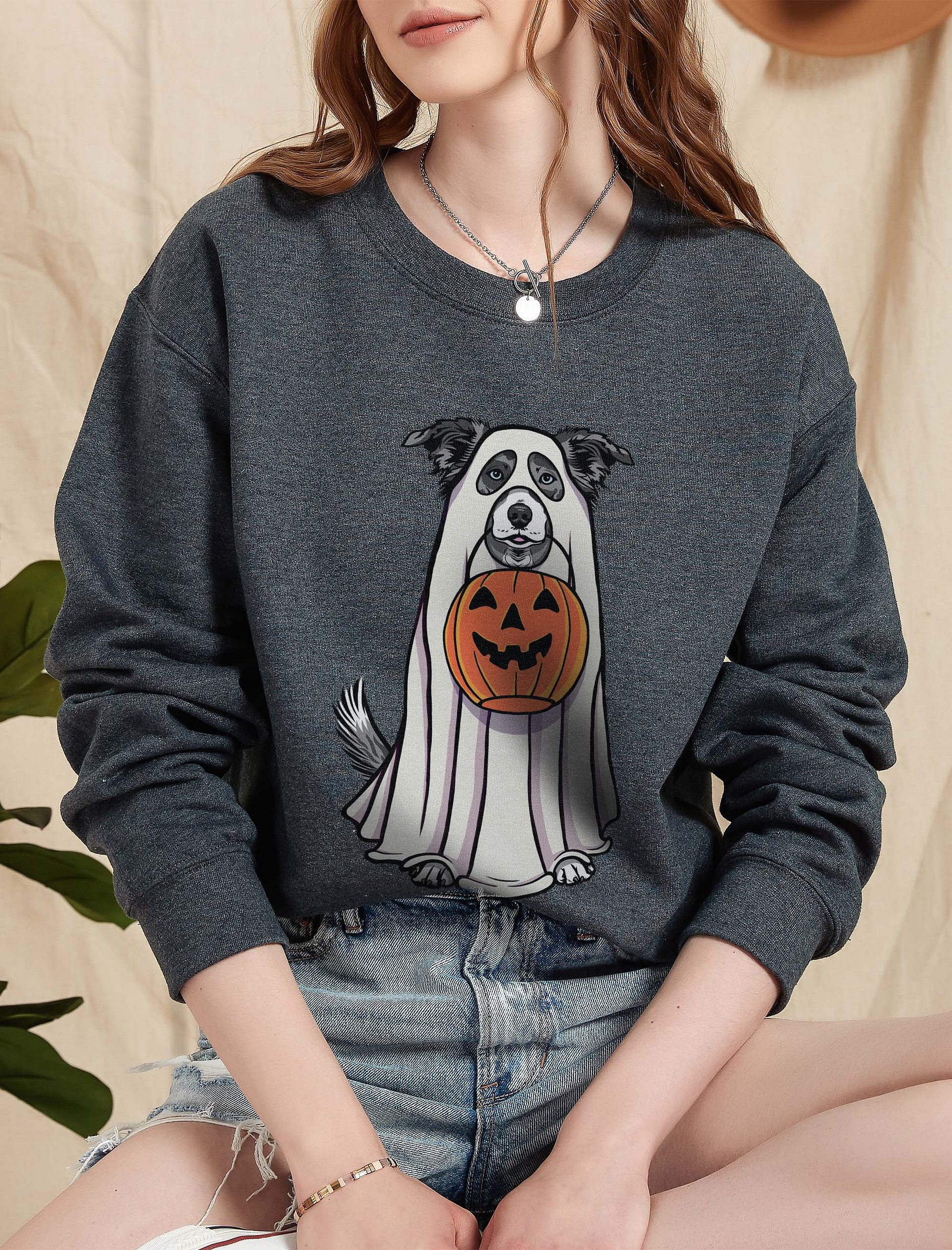 Funny Halloween Border Collie(Blue Merle) Sweatshirt | Funny Border Collie Wearing a Ghost Costume and Holding a Pumpkin Basket product image (2)