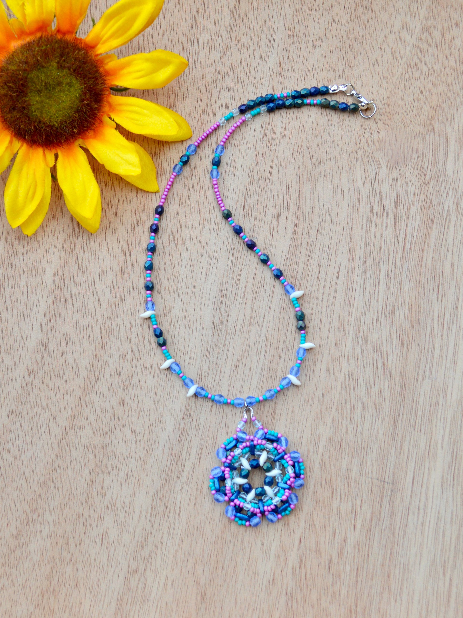 Blue and Pink Beaded Handmade Seed Bead Flower Pendant Necklace product image (5)