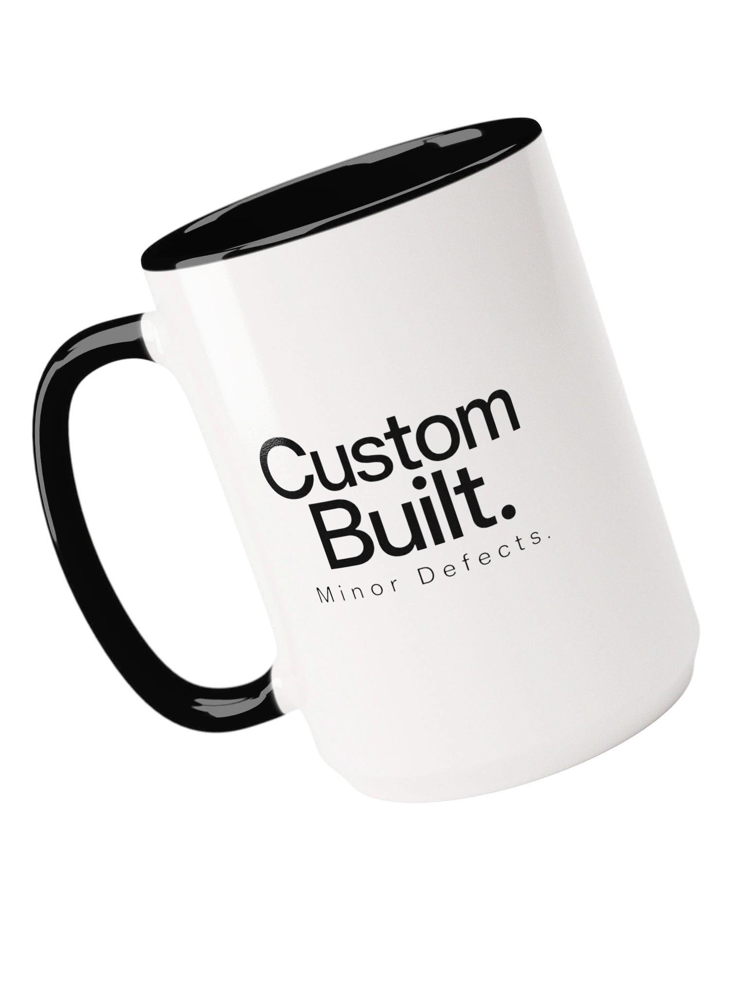 “Custom Built. Minor Defects.” — 15 oz Ceramic Mug with Color Inside product image (1)