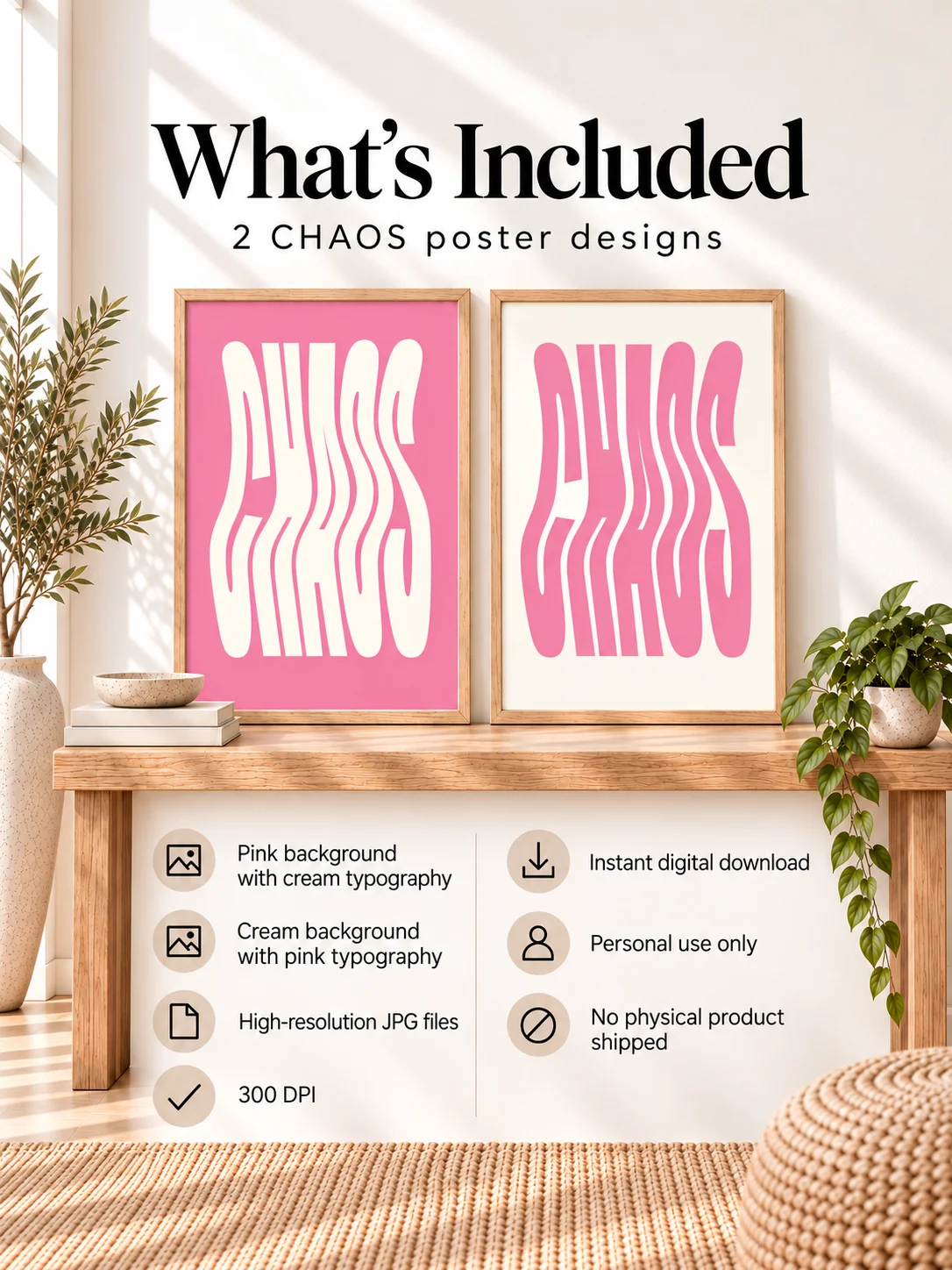 CHAOS Pink Wavy Typography Printable Wall Art, Retro Y2K Poster, Funky Dopamine Decor, Girly Dorm Bedroom Digital Download product image (2)