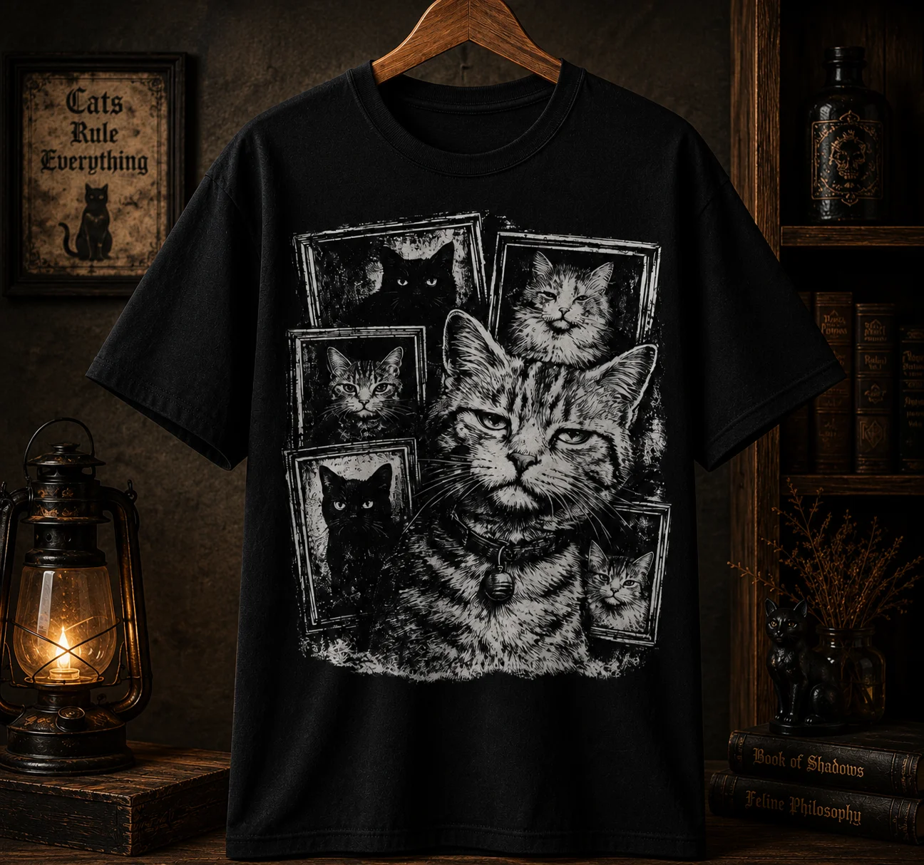 Vintage Cat Portrait Collage Graphic Tee | Gothic Monochrome Feline Shirt product image (1)