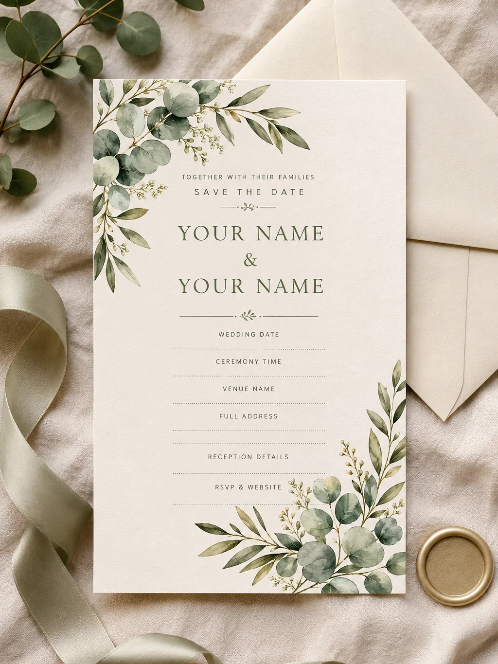 Sage Green Eucalyptus Wedding Invitation Template, Editable Canva Invite, Botanical Greenery Wedding Invitation, Printable Download product image (1)
