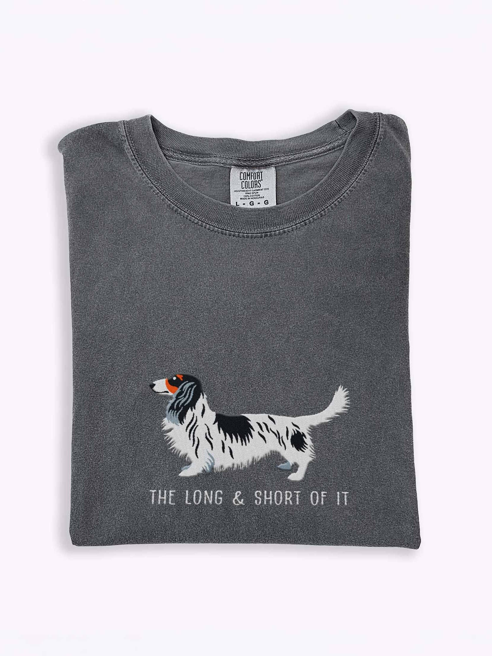 The Long & Short of It T-Shirt(Embroidered) of a Longhaired Dachshund(Pied Black & White) product image (1)